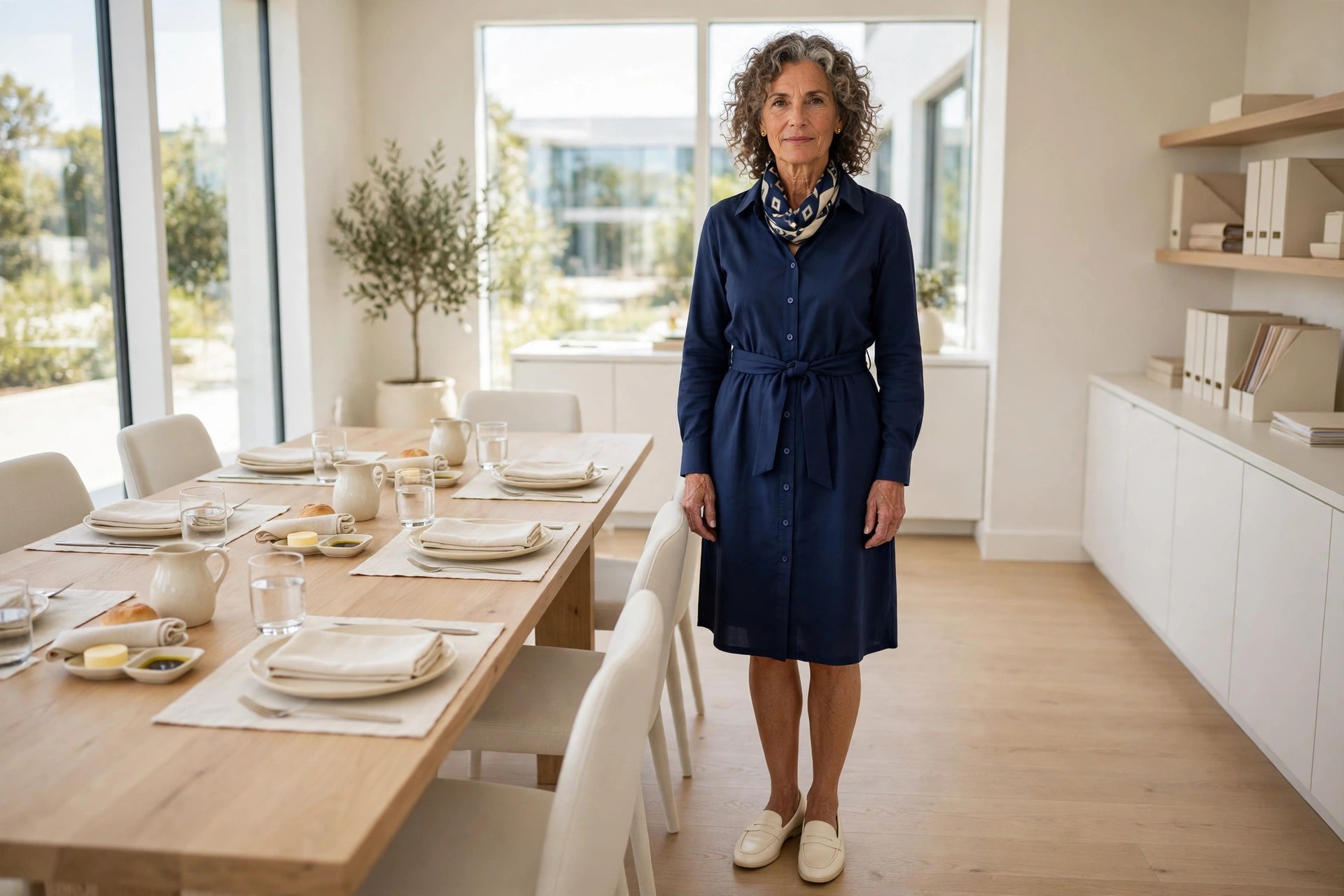 Woman over 50 in a navy shirt dress with a navy and cream scarf and cream loafers beside a set lunch table
