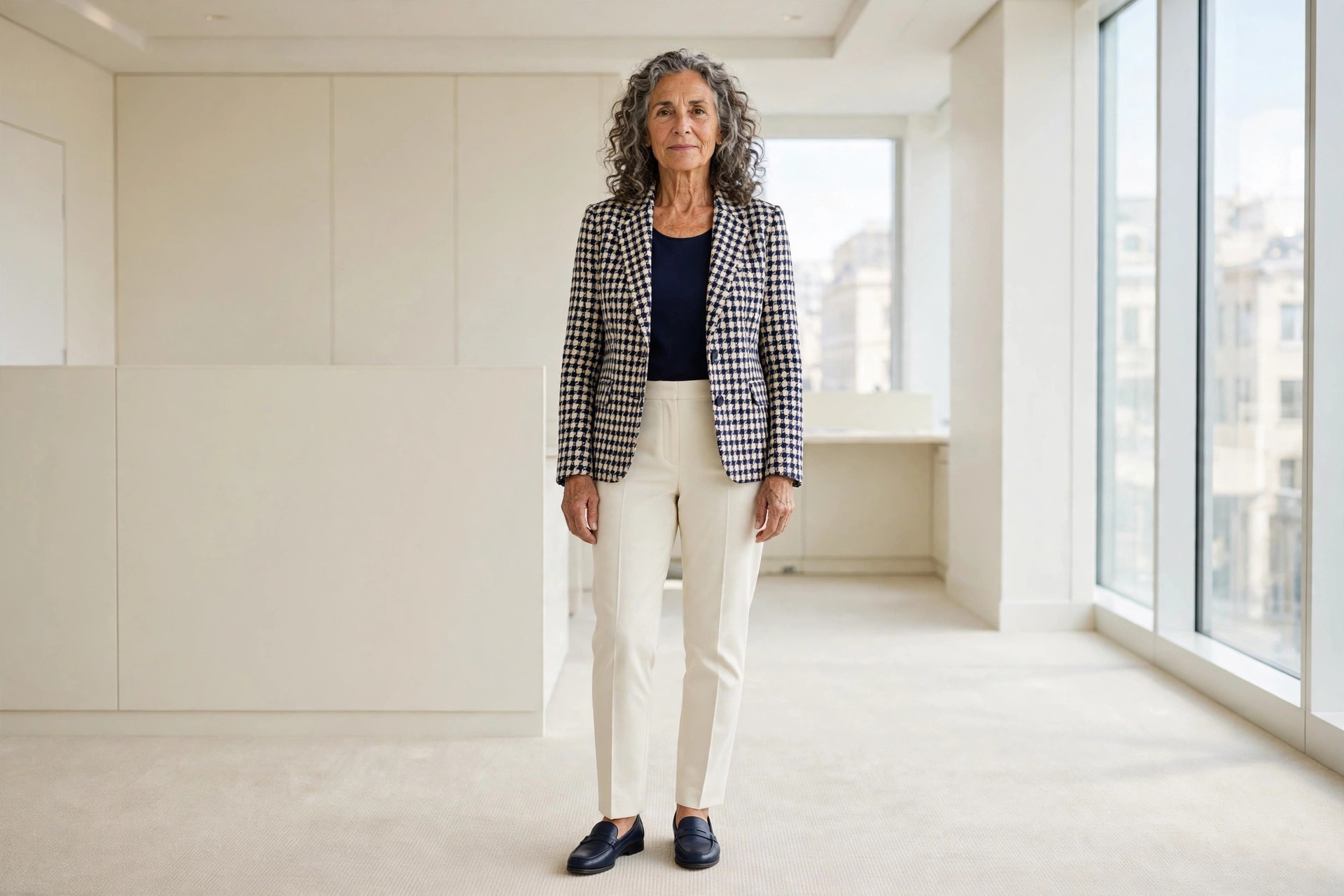Woman over 50 in a navy and cream check blazer, navy top and cream trousers with navy loafers in an office