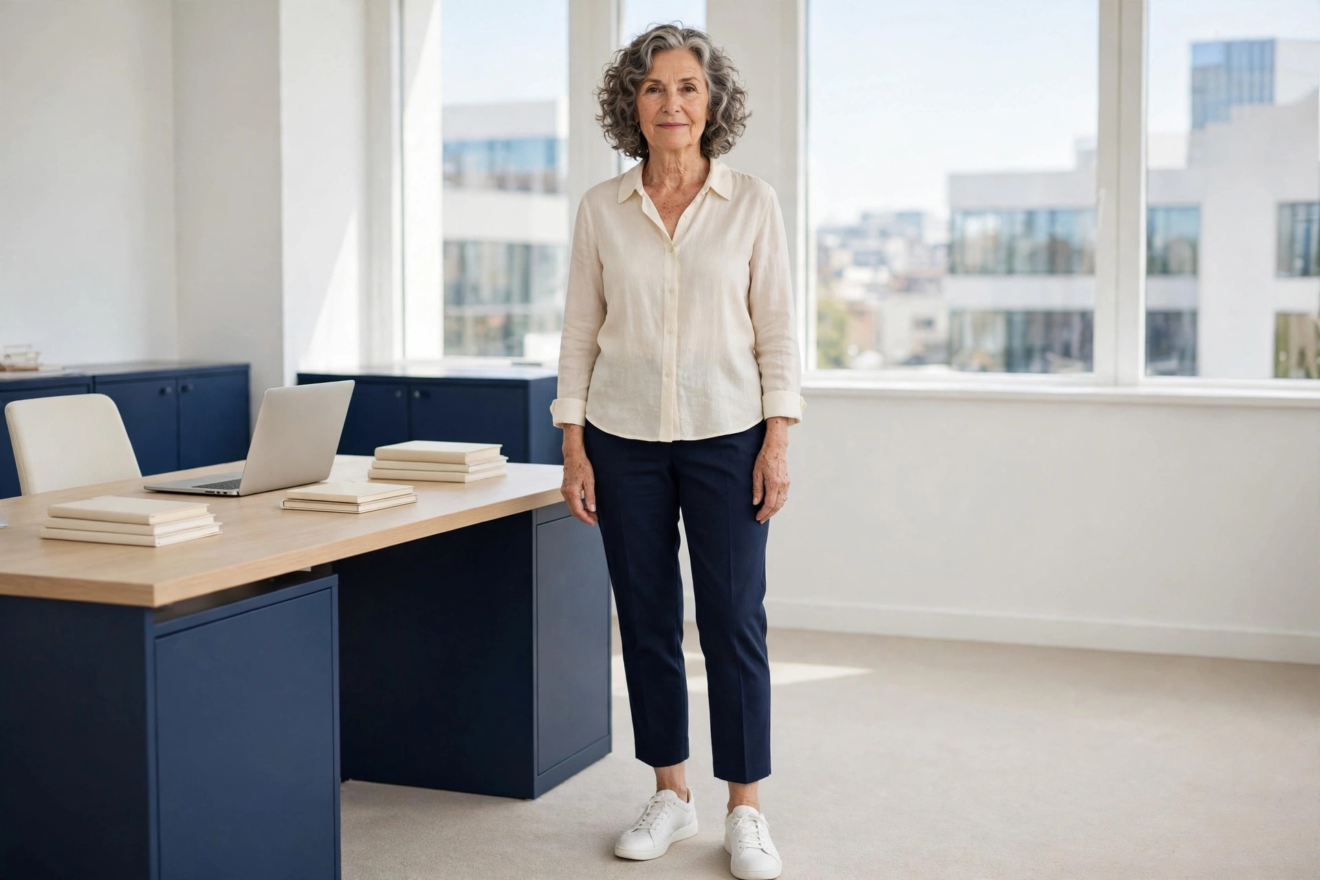 Woman over 50 in navy cropped trousers, a cream blouse and clean white sneakers standing by an office desk