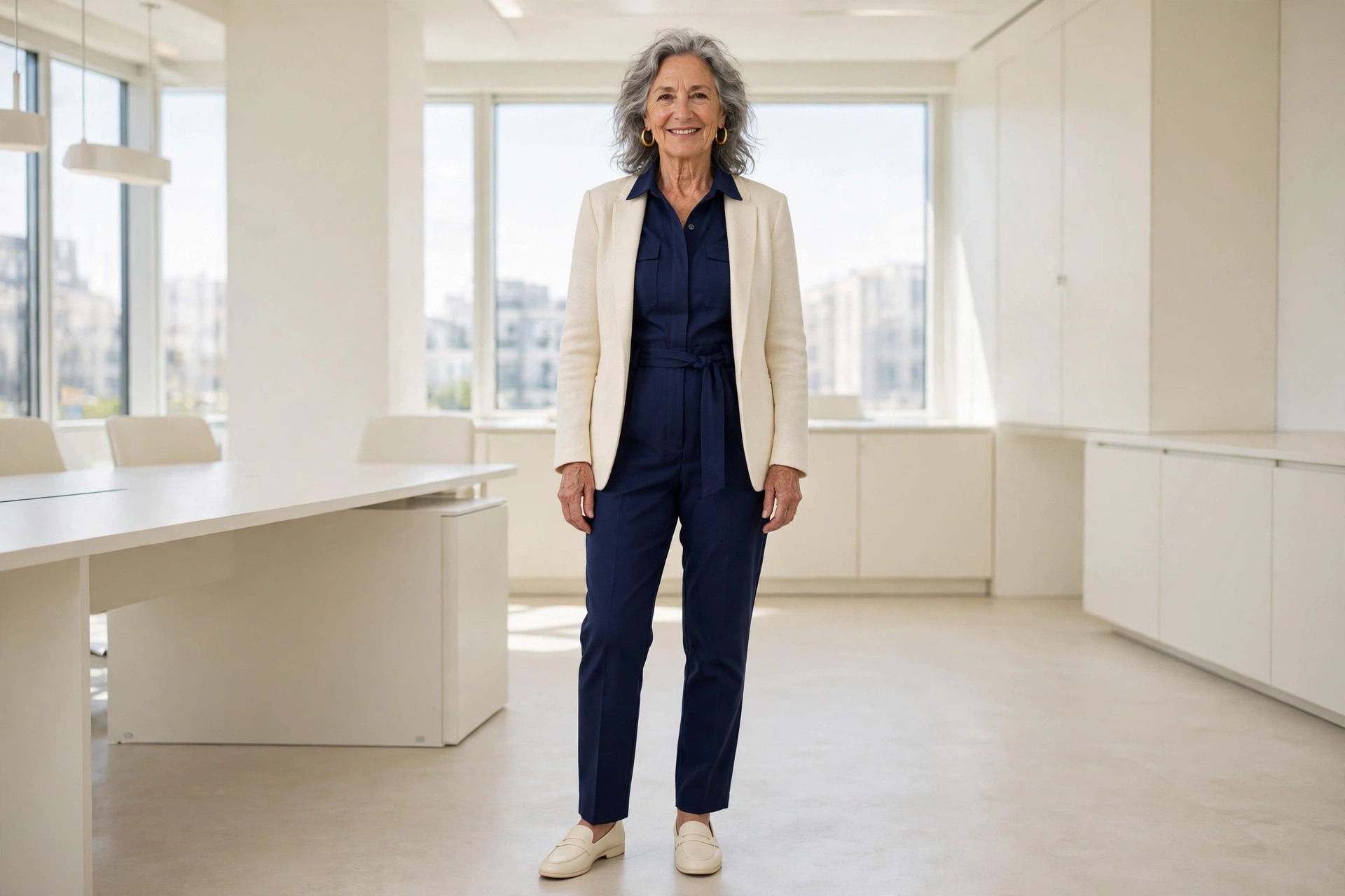 Woman over 50 in a navy jumpsuit under a cream blazer with cream loafers and gold hoop earrings in an office