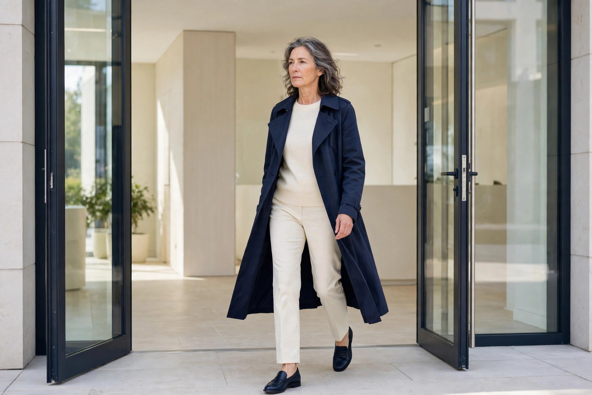Woman over 50 in cream trousers and a cream sweater under a long navy trench coat walking into an office entrance