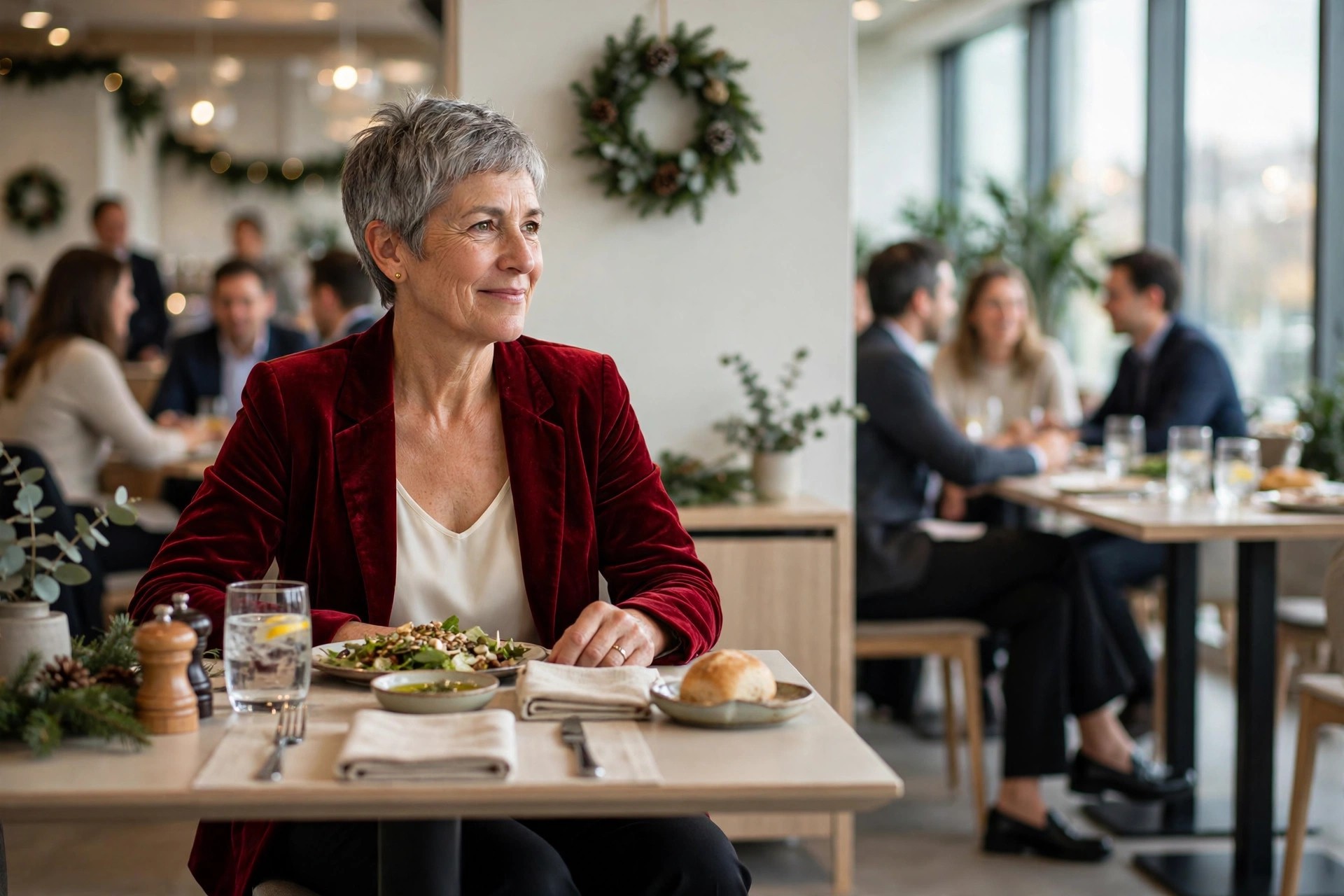 Woman over 50 with short grey hair in a deep red velvet blazer and ivory top seated at a restaurant lunch table with a wreath behind her
