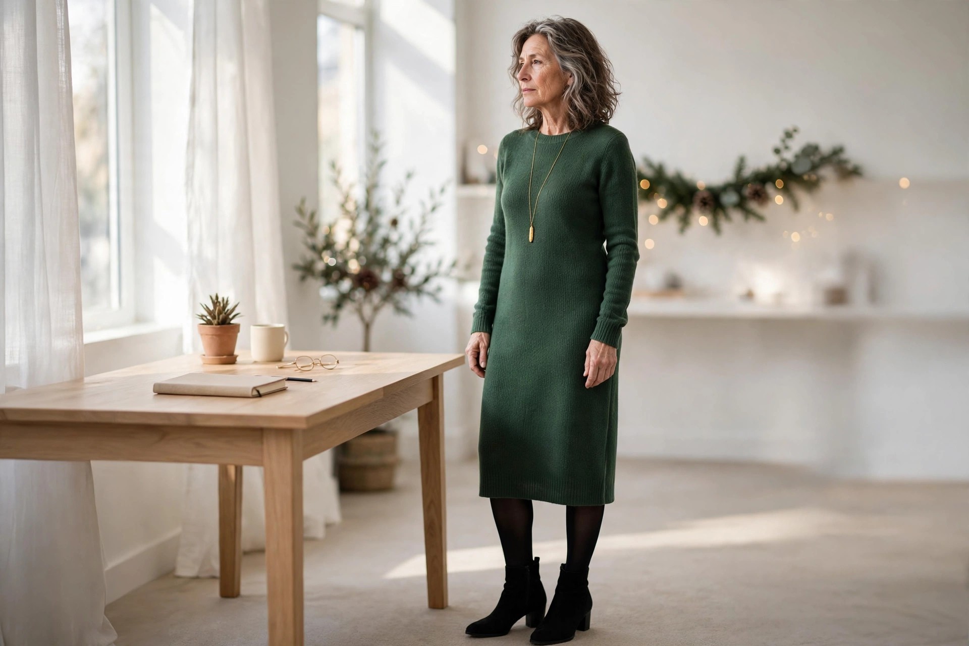 Woman over 50 in a forest green sweater dress, black tights and black ankle boots with a long gold pendant standing by an office desk