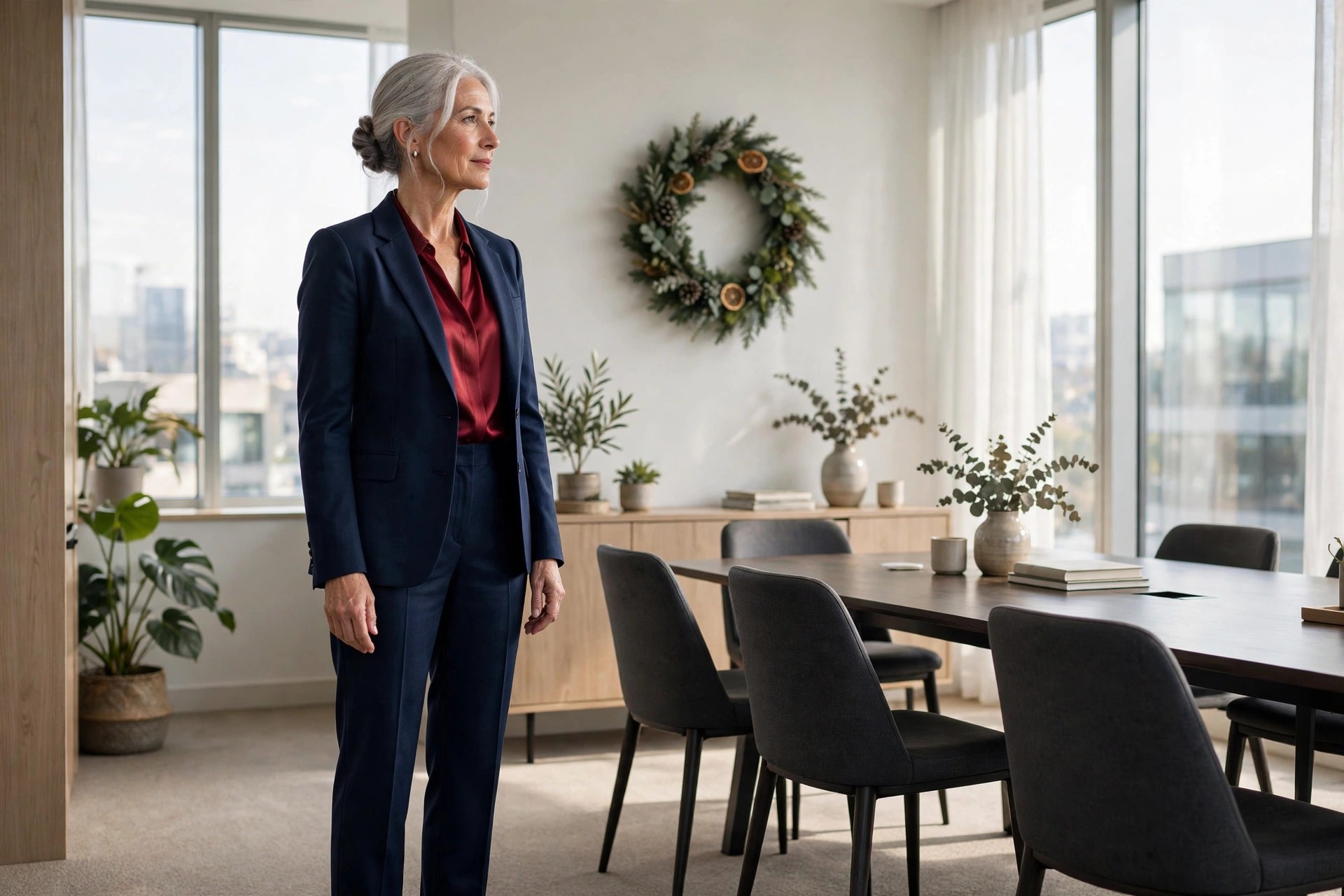 Woman over 50 with silver hair in a bun wearing a navy suit and cranberry satin blouse in a meeting room with a Christmas wreath