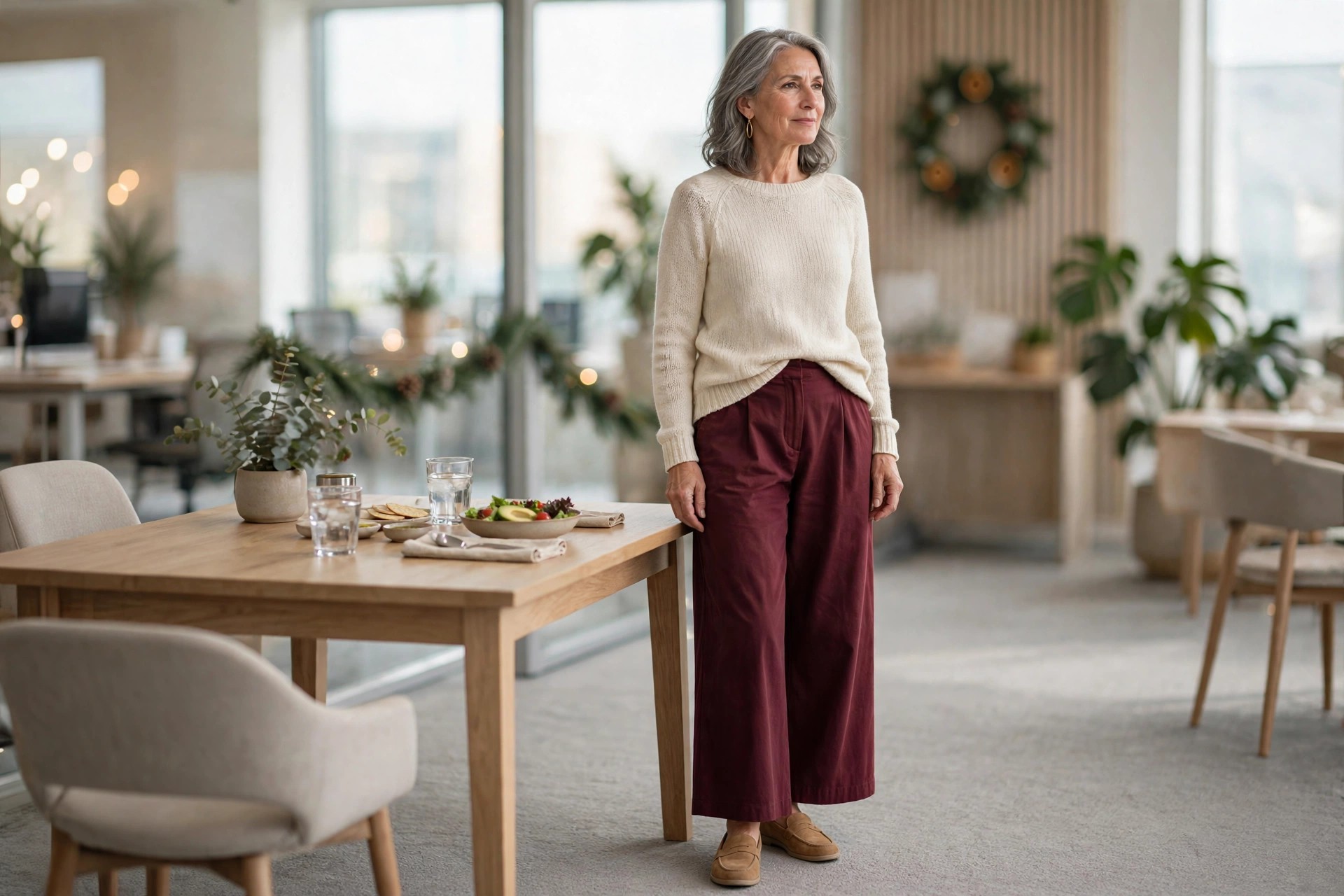 Woman over 50 in burgundy wide-leg trousers, a cream knit sweater and tan loafers standing by a lunch table in a bright office