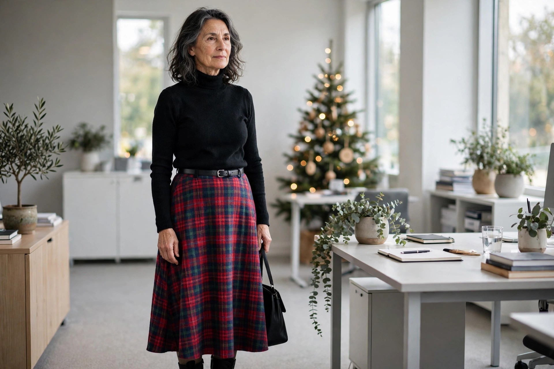 Woman over 50 in a black turtleneck and a red plaid midi skirt with a black belt and handbag in an office with a Christmas tree