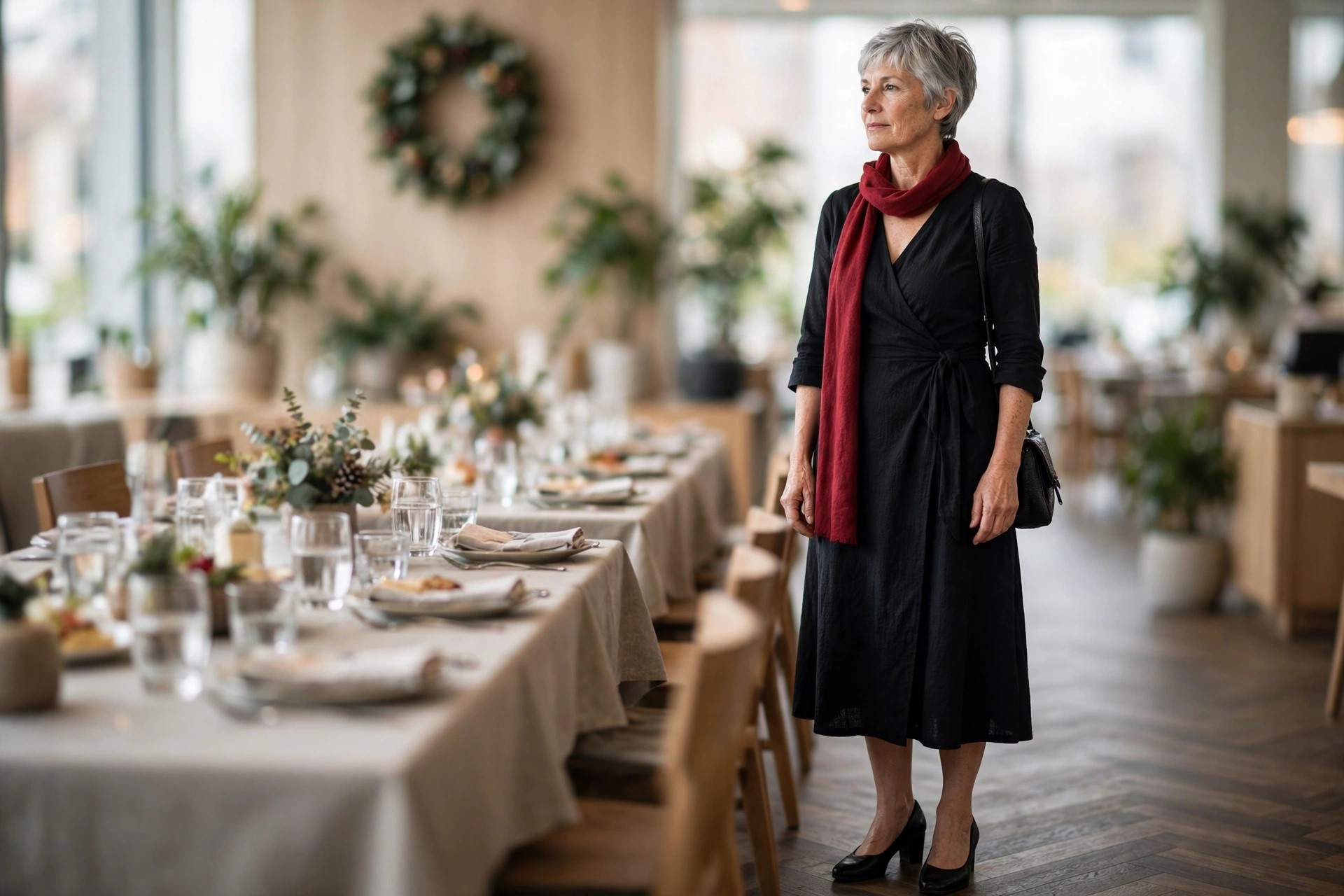 Woman over 50 with short grey hair in a black wrap dress and deep red scarf standing by a long restaurant lunch table