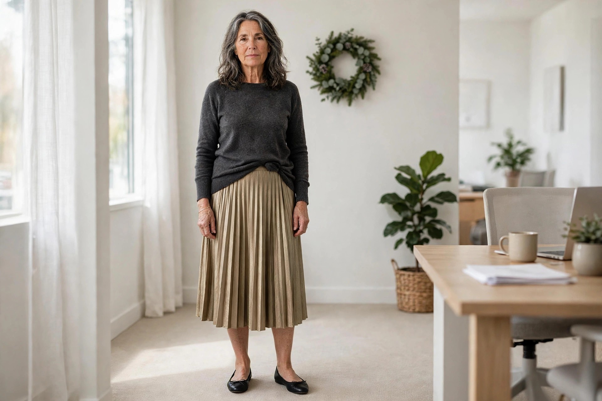 Woman over 50 in a charcoal sweater and a muted gold pleated midi skirt with black ballet flats standing full length in an office with a wreath