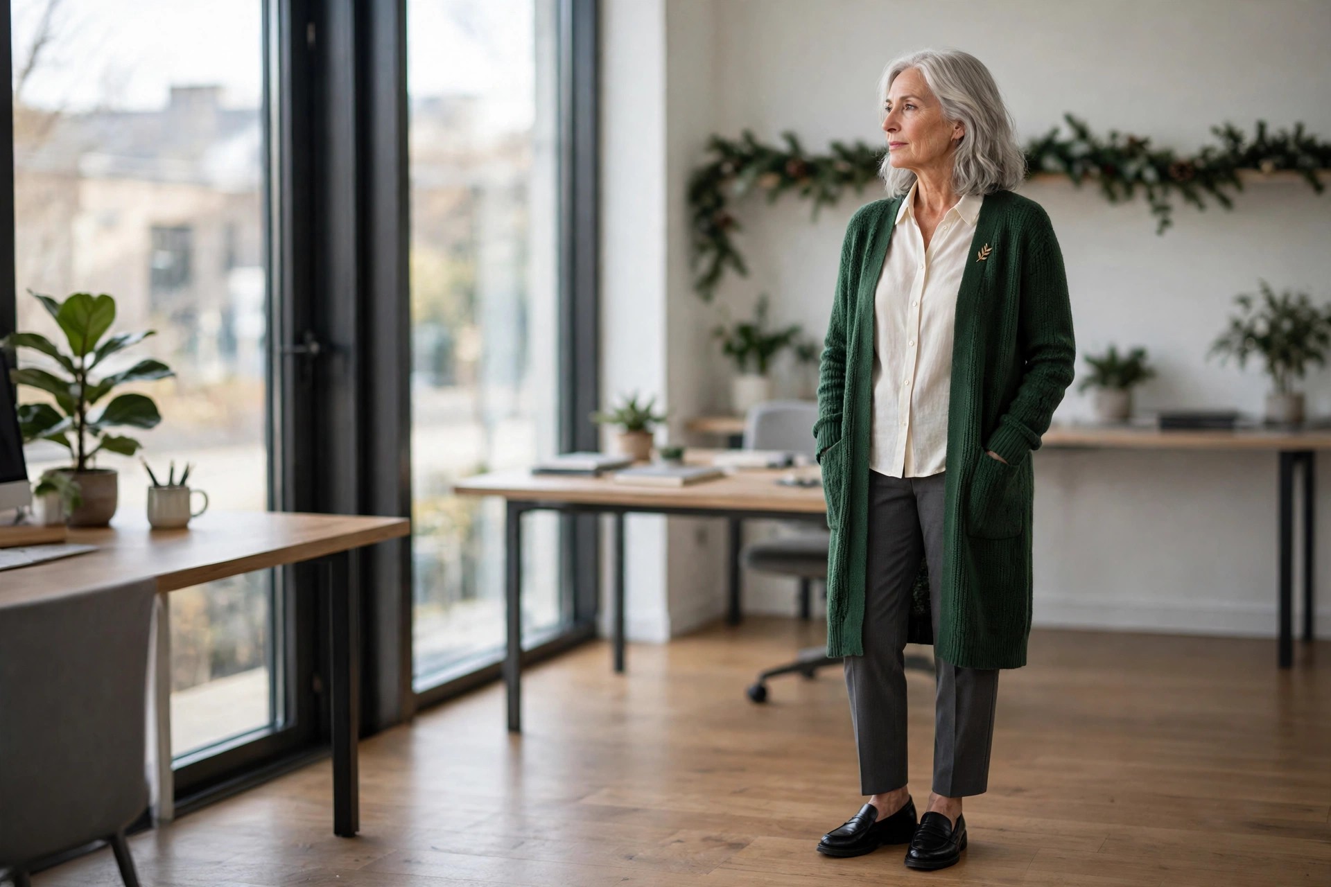 Woman over 50 with silver hair wearing charcoal trousers, an ivory blouse and a forest green long cardigan with a gold brooch in an office