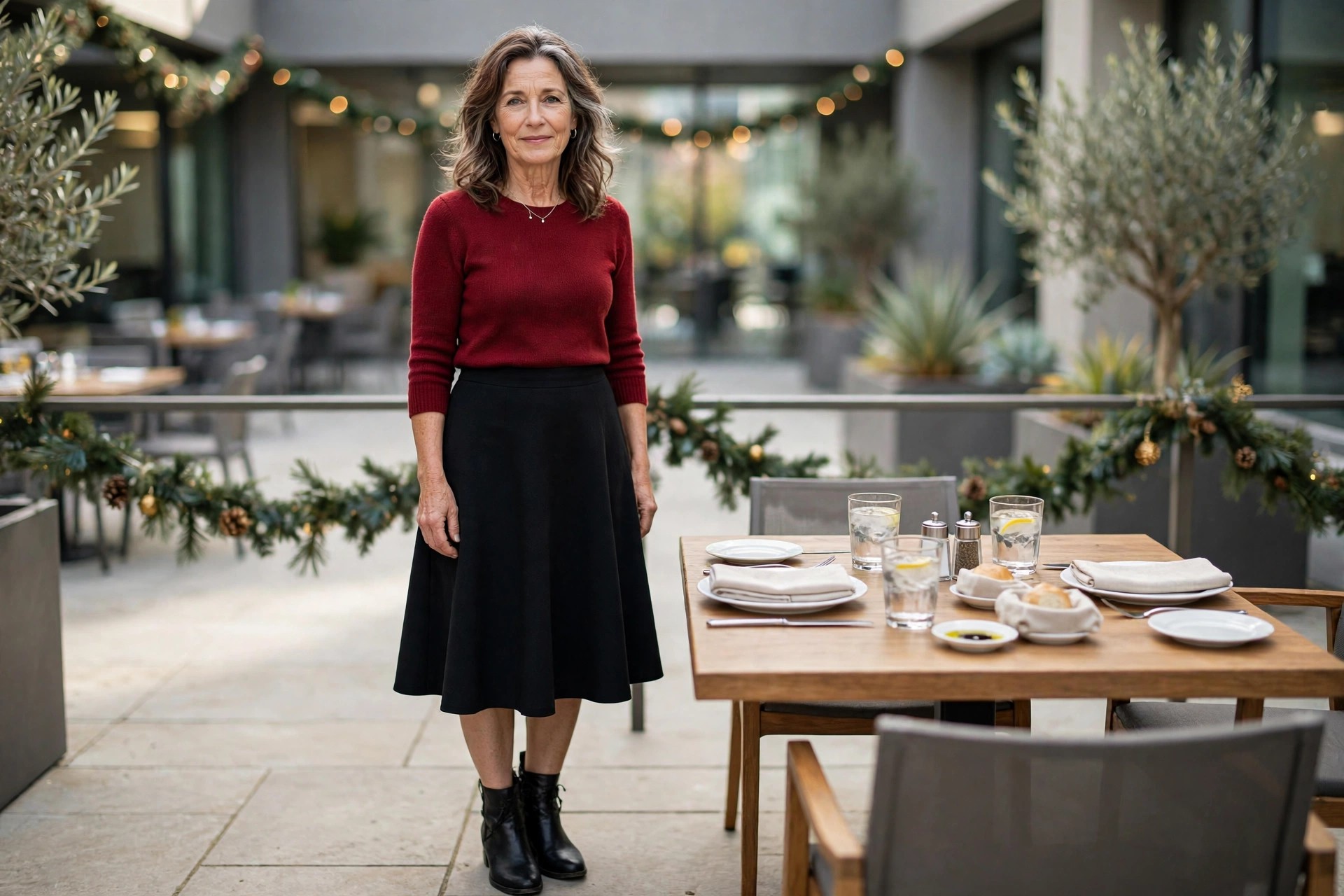Woman over 50 in a deep red three-quarter sleeve knit top, black A-line midi skirt and black ankle boots beside a tidy restaurant lunch table