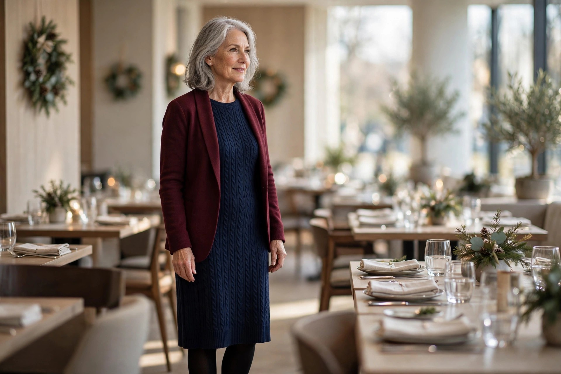 Woman over 50 with silver hair in a navy knit dress and burgundy blazer standing in a restaurant with Christmas wreaths