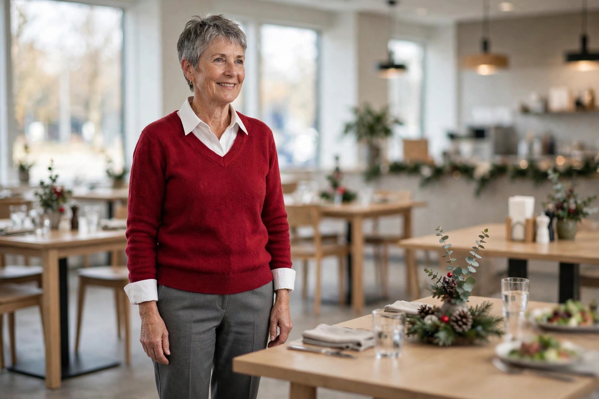 Woman over 50 with short grey hair wearing grey trousers, a white collared shirt and a cranberry V-neck sweater in a cafe at lunch