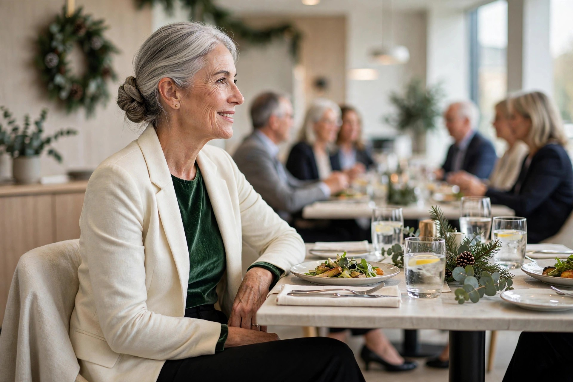 Woman over 50 with silver hair in a bun wearing a cream blazer over a forest green velvet top and black trousers, seated at a lunch table with colleagues