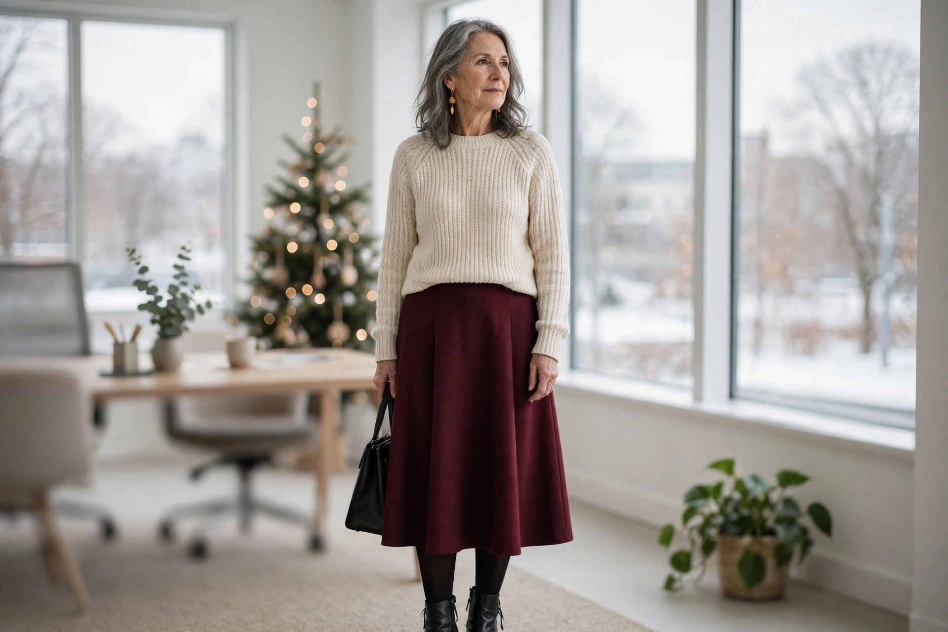 Woman over 50 in a cream knit sweater, burgundy midi skirt, black tights and ankle boots in an office with a Christmas tree and snowy windows