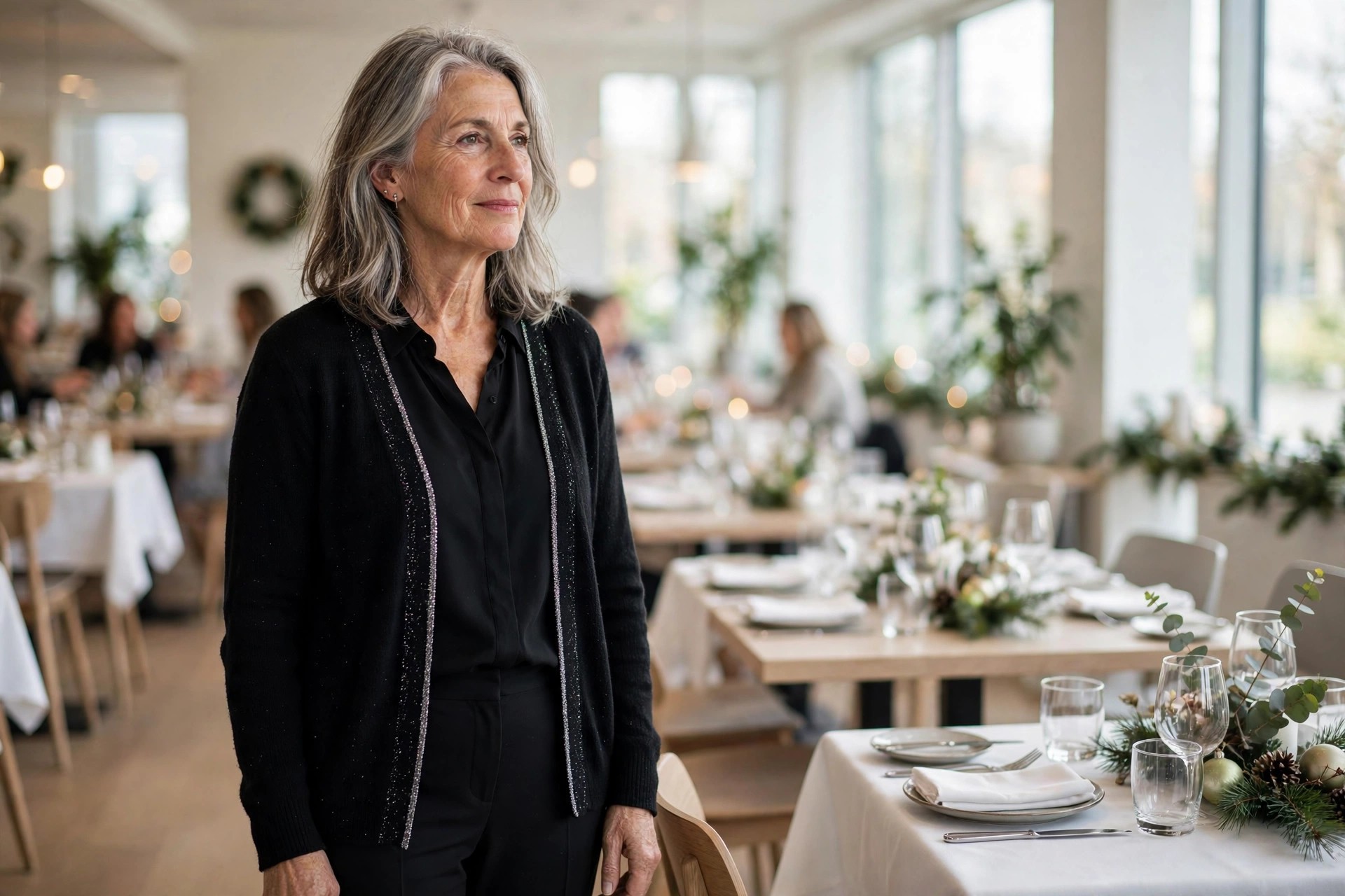 Woman over 50 with silver-streaked hair wearing a black blouse and trousers with a black cardigan with silver trim in a restaurant at lunch