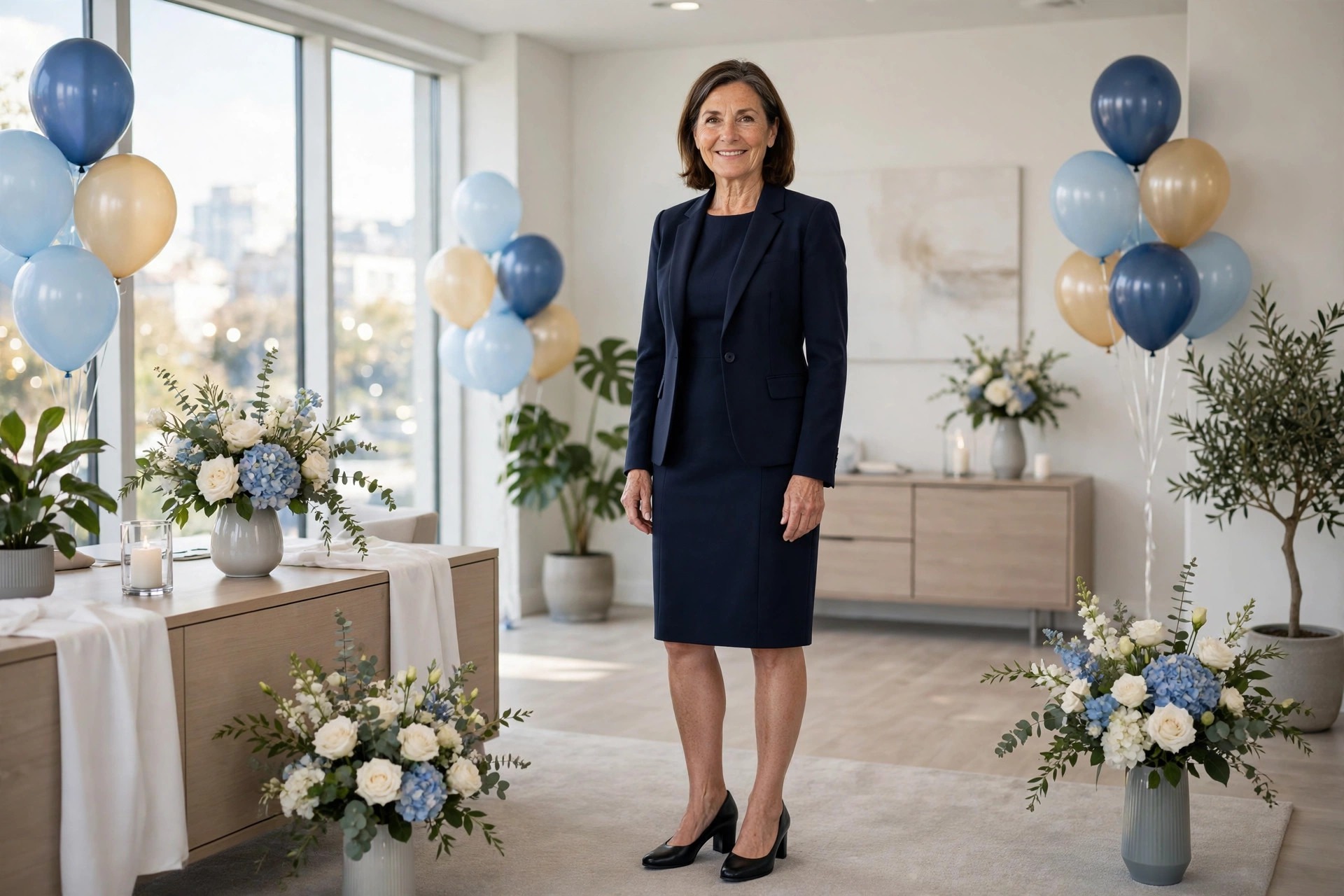 Woman over 50 in a navy sheath dress and matching navy blazer with black block heels standing in a bright party room with balloons and flowers