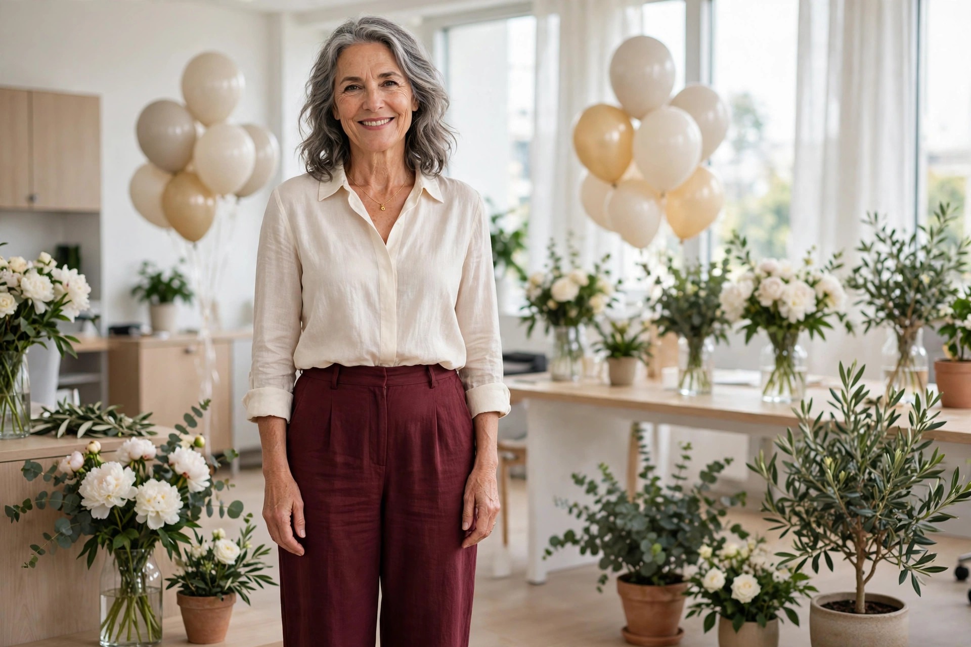 Woman over 50 with grey hair in burgundy wide-leg trousers and a cream blouse standing in a bright office celebration room