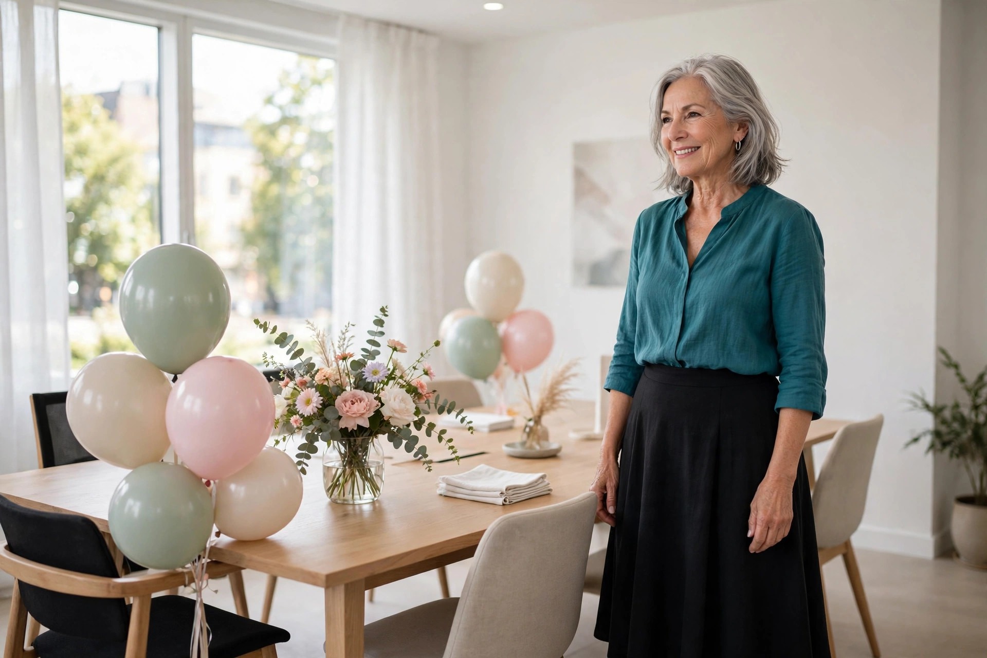 Woman over 50 with silver hair in a teal blouse and black midi skirt standing by a table with balloons and flowers