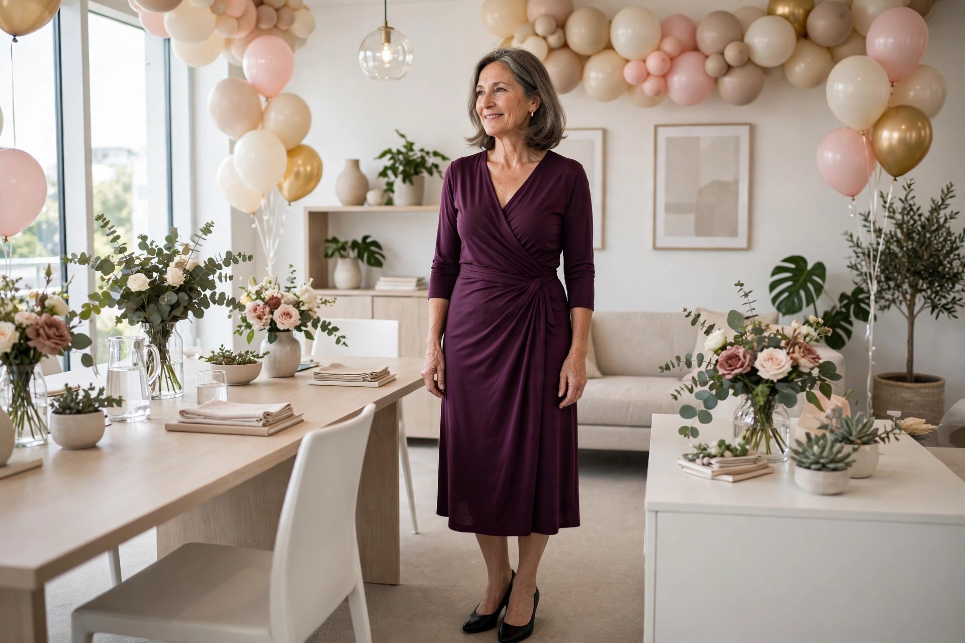 Woman over 50 in a deep plum wrap midi dress and black pumps in a bright room with a balloon arch and flowers