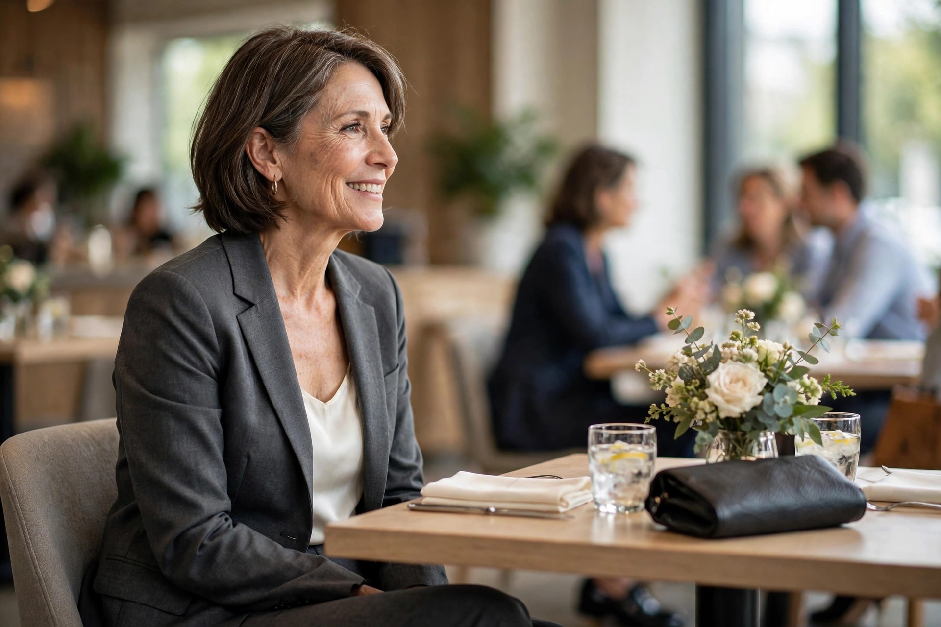 Woman over 50 in a charcoal trouser suit with an open jacket over an ivory camisole, seated at a restaurant table with a black clutch
