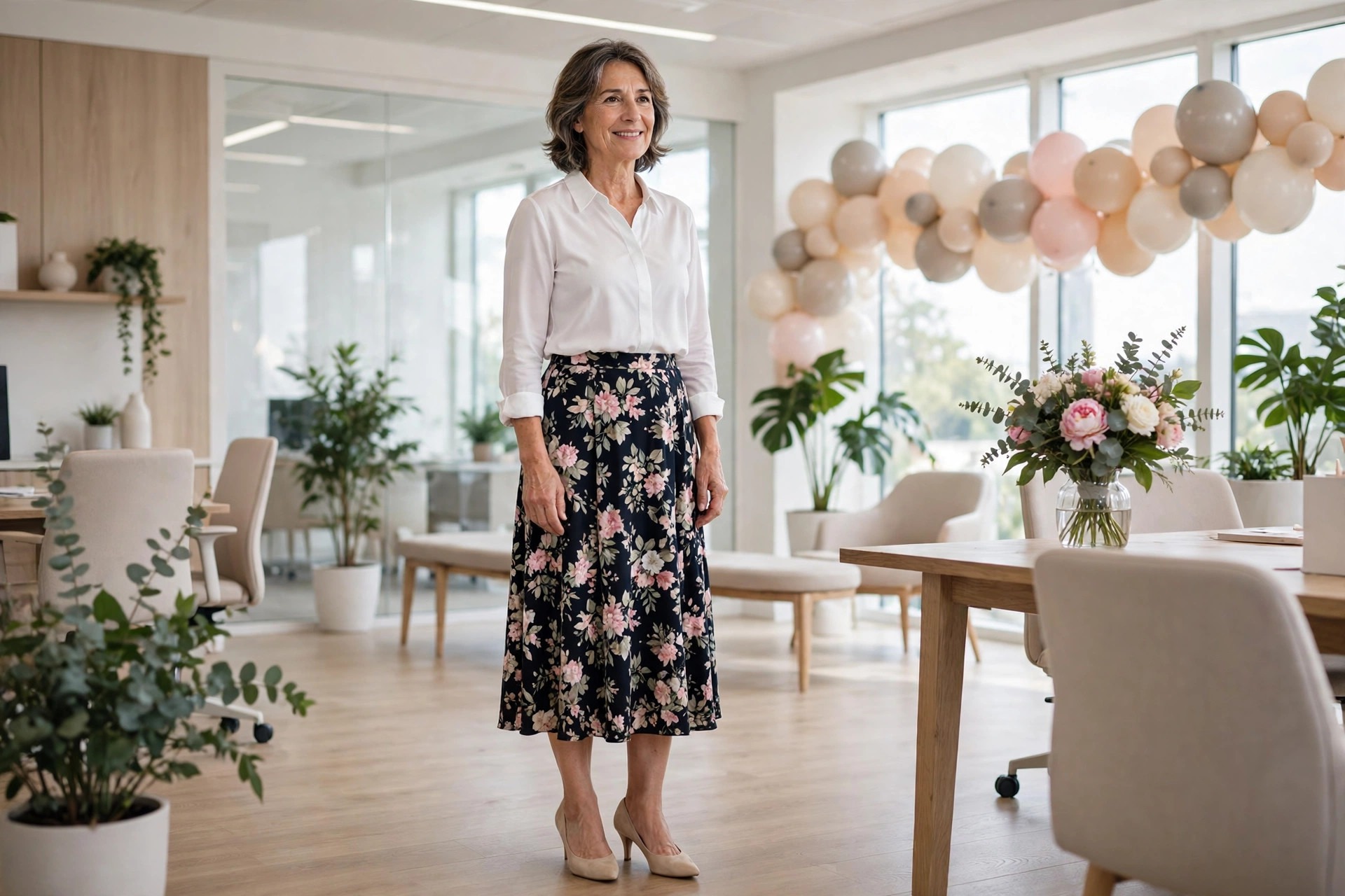 Woman over 50 in a white blouse and dark floral midi skirt with nude pumps standing in a bright office party room