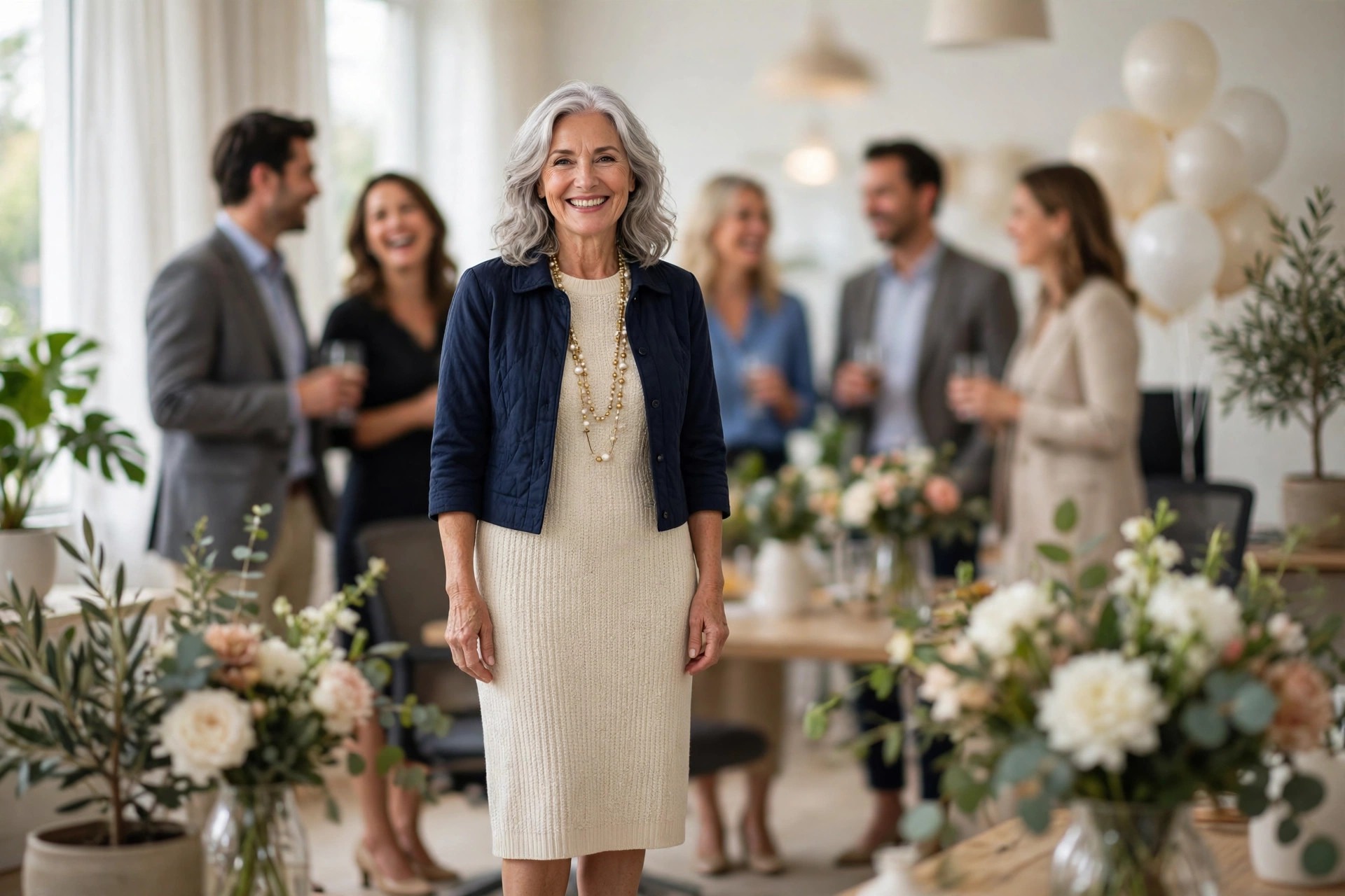 Woman over 50 with silver hair in a cream knit dress, short navy jacket and long necklace with colleagues behind her at an office party