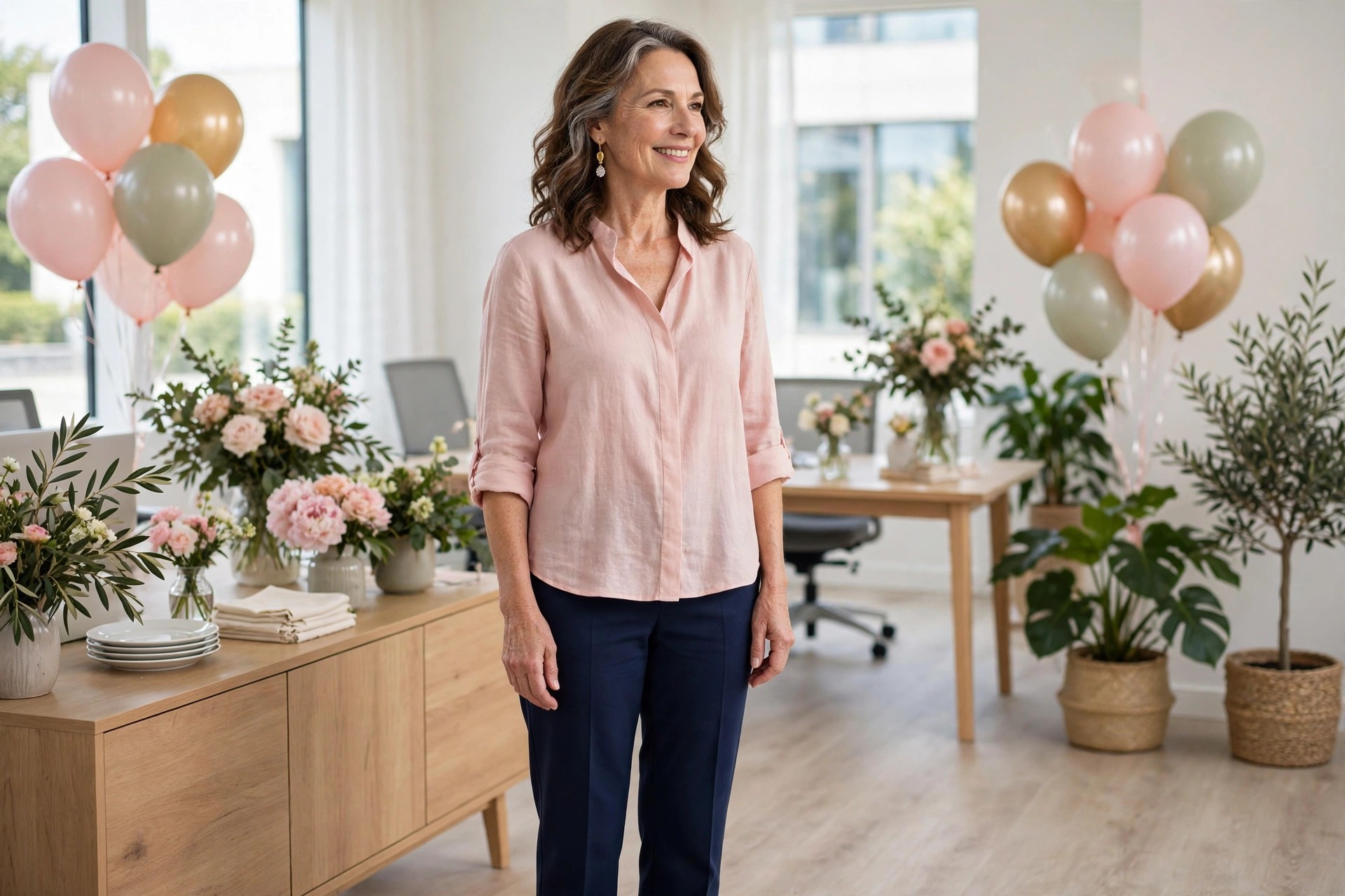 Woman over 50 in a blush pink blouse and navy trousers with a drop earring standing in a bright office party room
