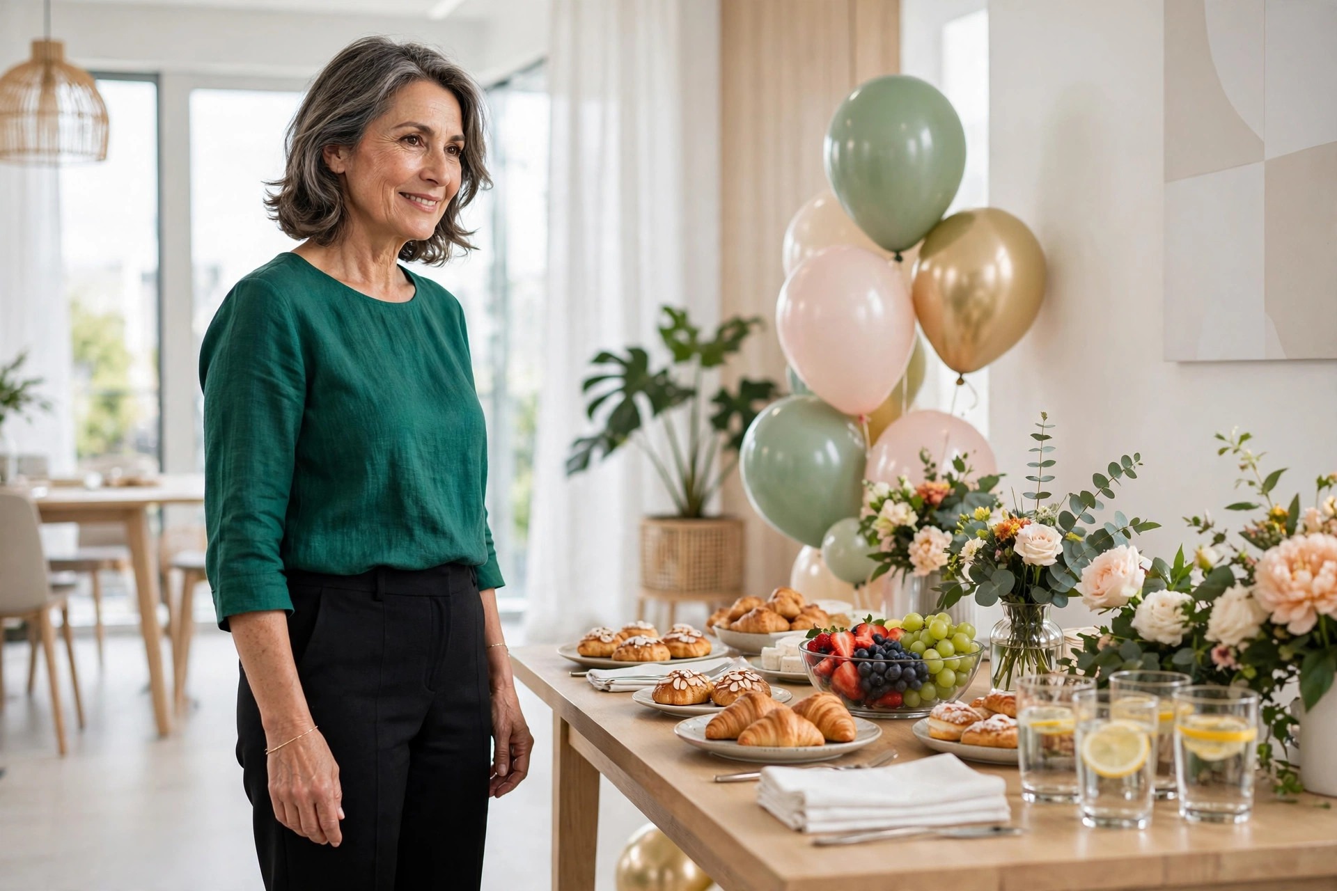 Woman over 50 in an emerald green blouse and black trousers standing beside a buffet table with balloons and flowers
