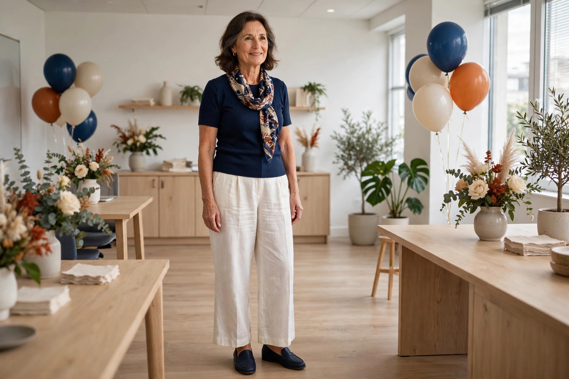 Woman over 50 in ivory wide trousers, a navy top, a printed scarf and navy loafers in a bright office party room