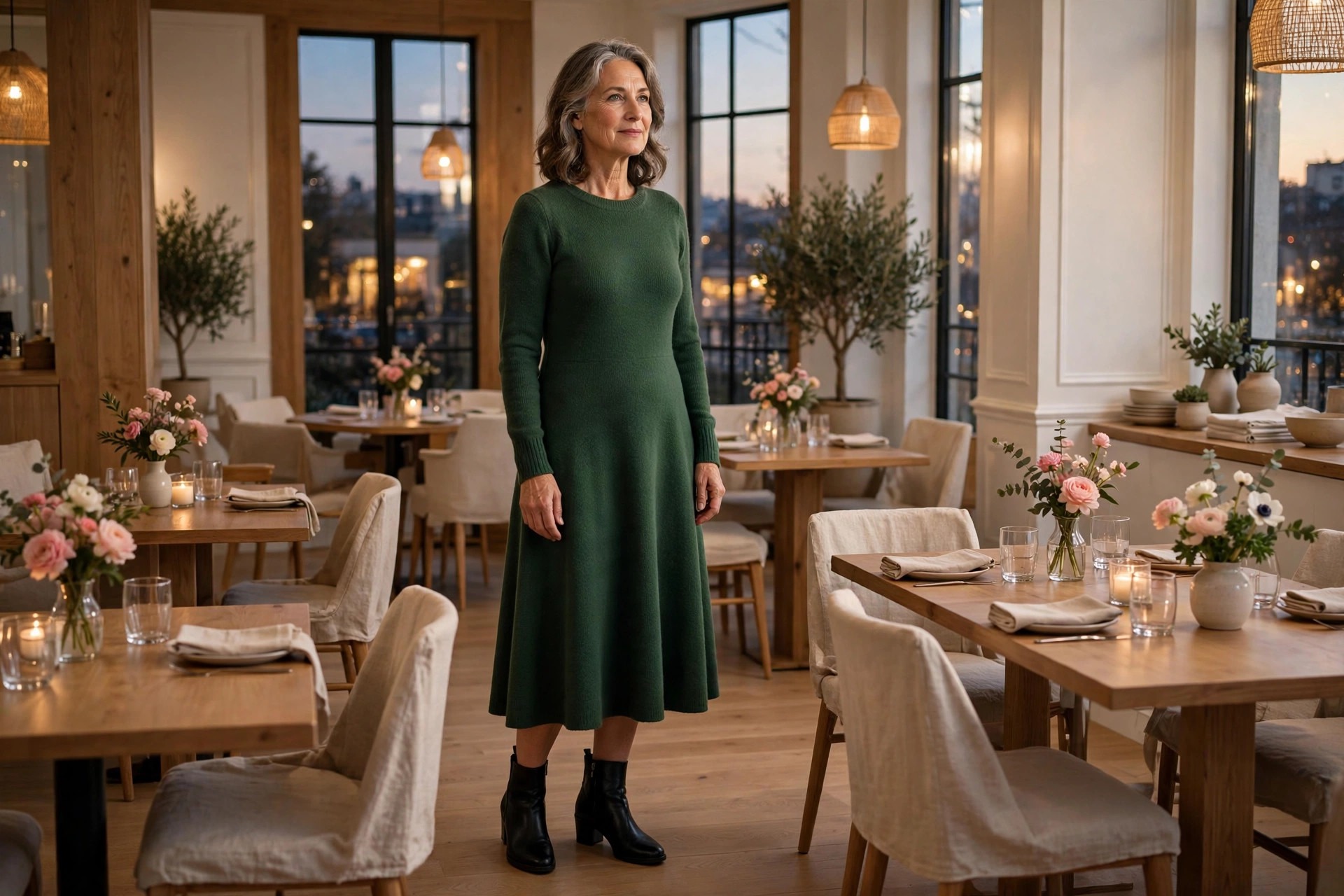 Woman over 50 in a forest green midi dress and black ankle boots standing in a warm restaurant room at early evening