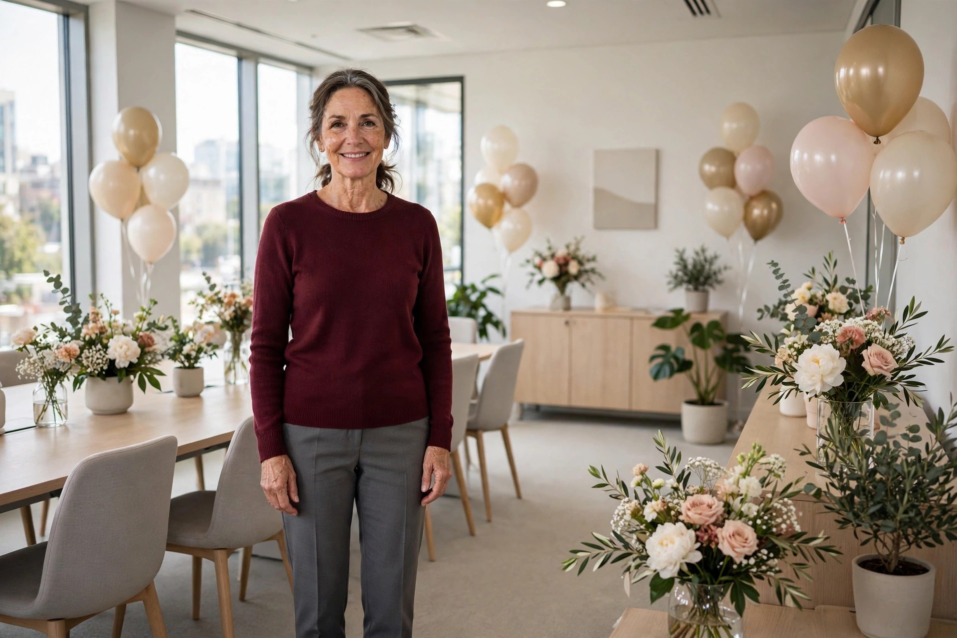 Woman over 50 in a burgundy knit top and grey trousers standing in a bright office party room with balloons