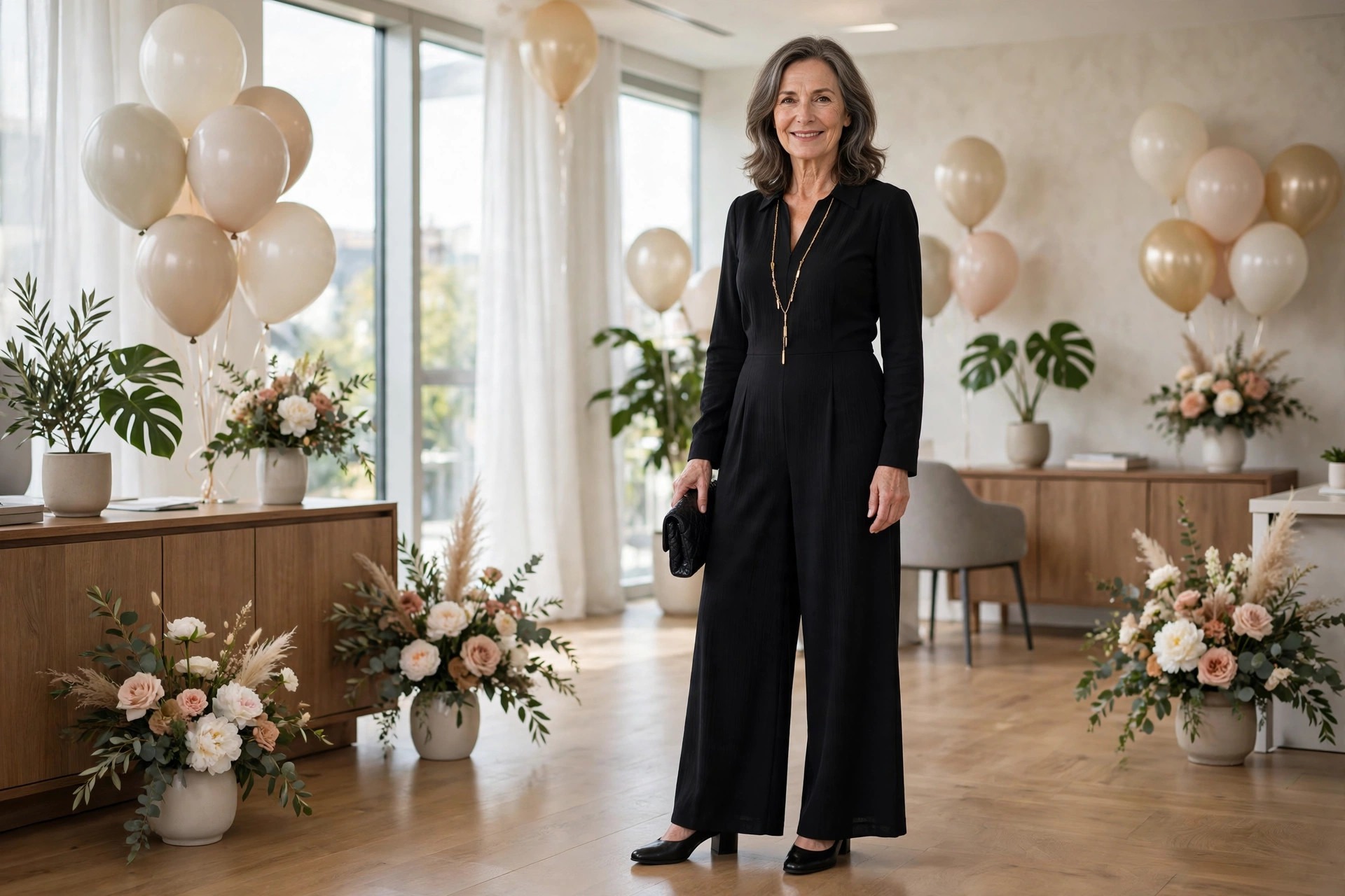Woman over 50 in a tailored black wide-leg jumpsuit with a long necklace and small clutch in a bright celebration room