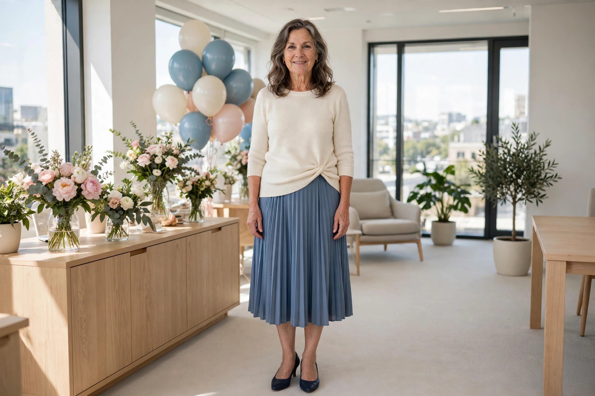 Woman over 50 in a cream knit top and dusty blue pleated midi skirt with navy pumps in a bright office party room