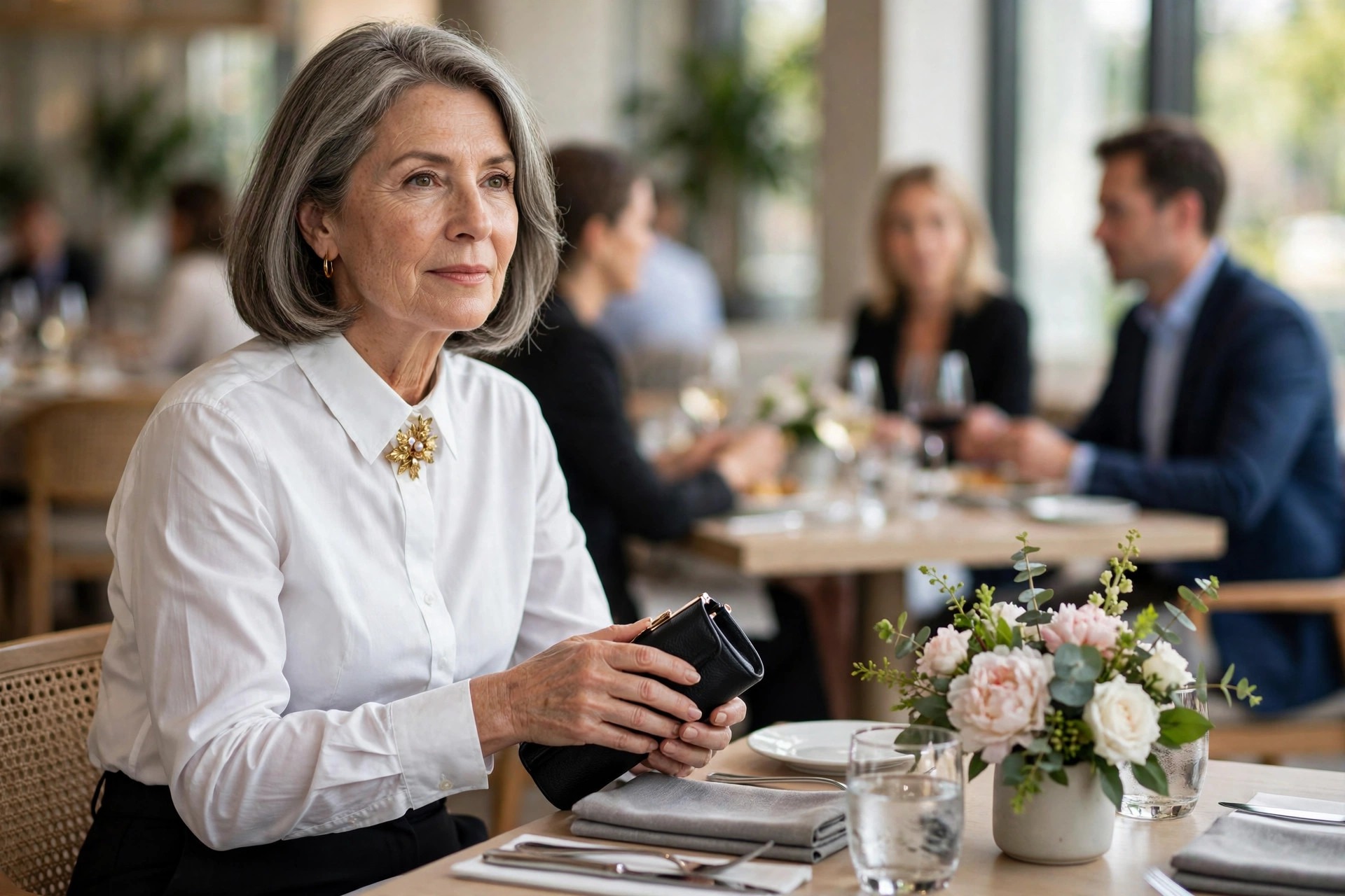 Woman over 50 with grey hair in a white shirt with a gold brooch at the collar, holding a black clutch at a restaurant dinner table