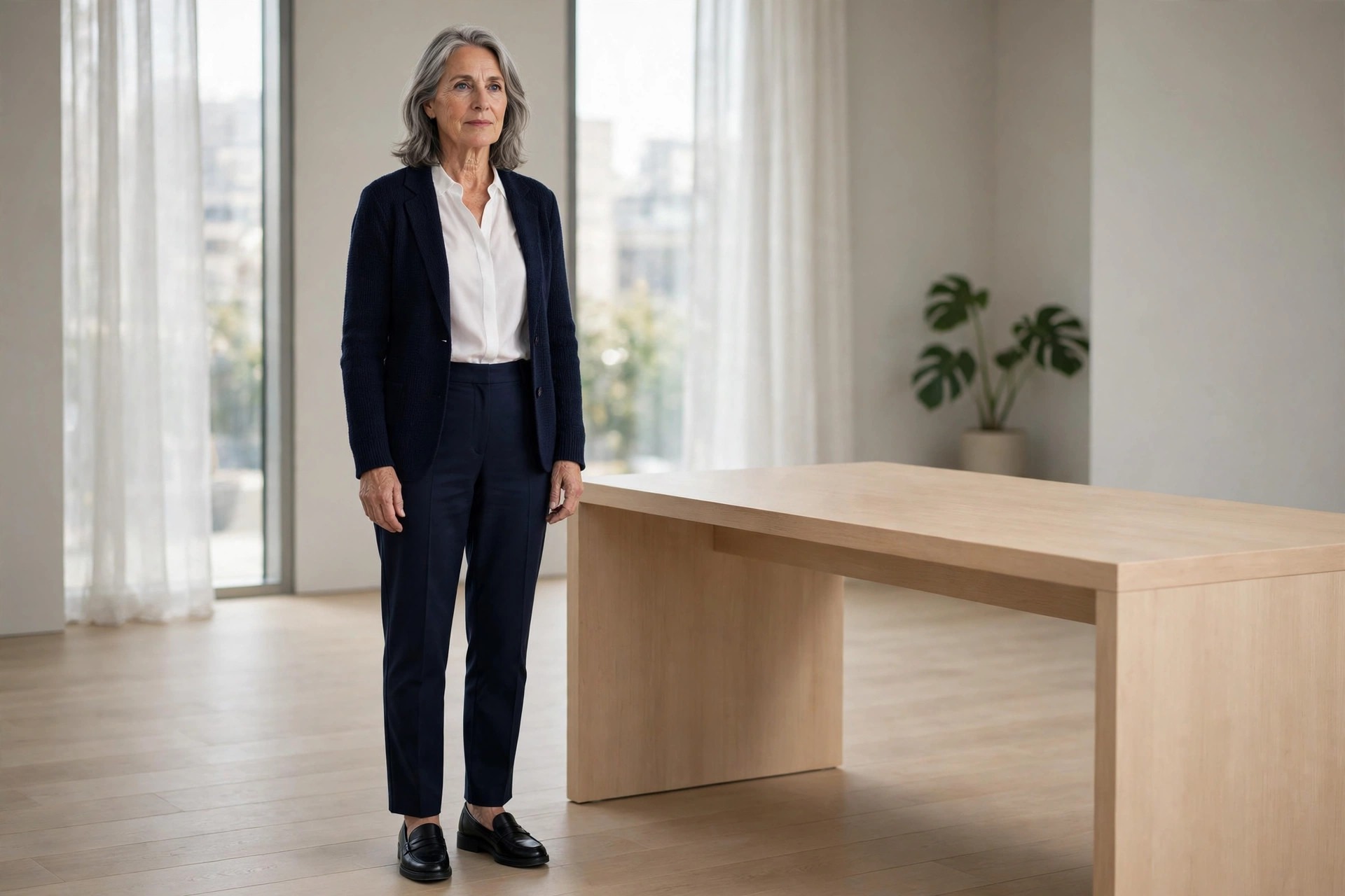 Woman over 50 in navy trousers, a white blouse, a navy knit blazer and black cushioned loafers beside an office desk