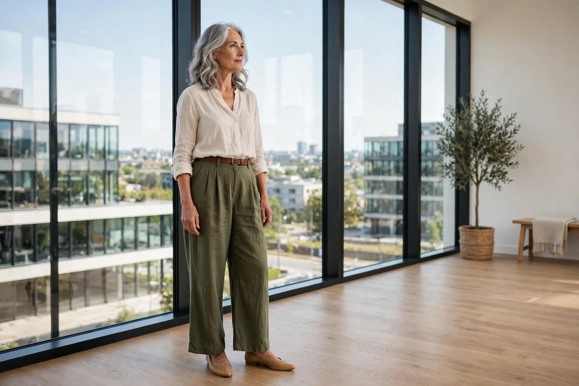 Woman over 50 in olive wide-leg trousers, a cream blouse and tan pointed flats standing by office windows