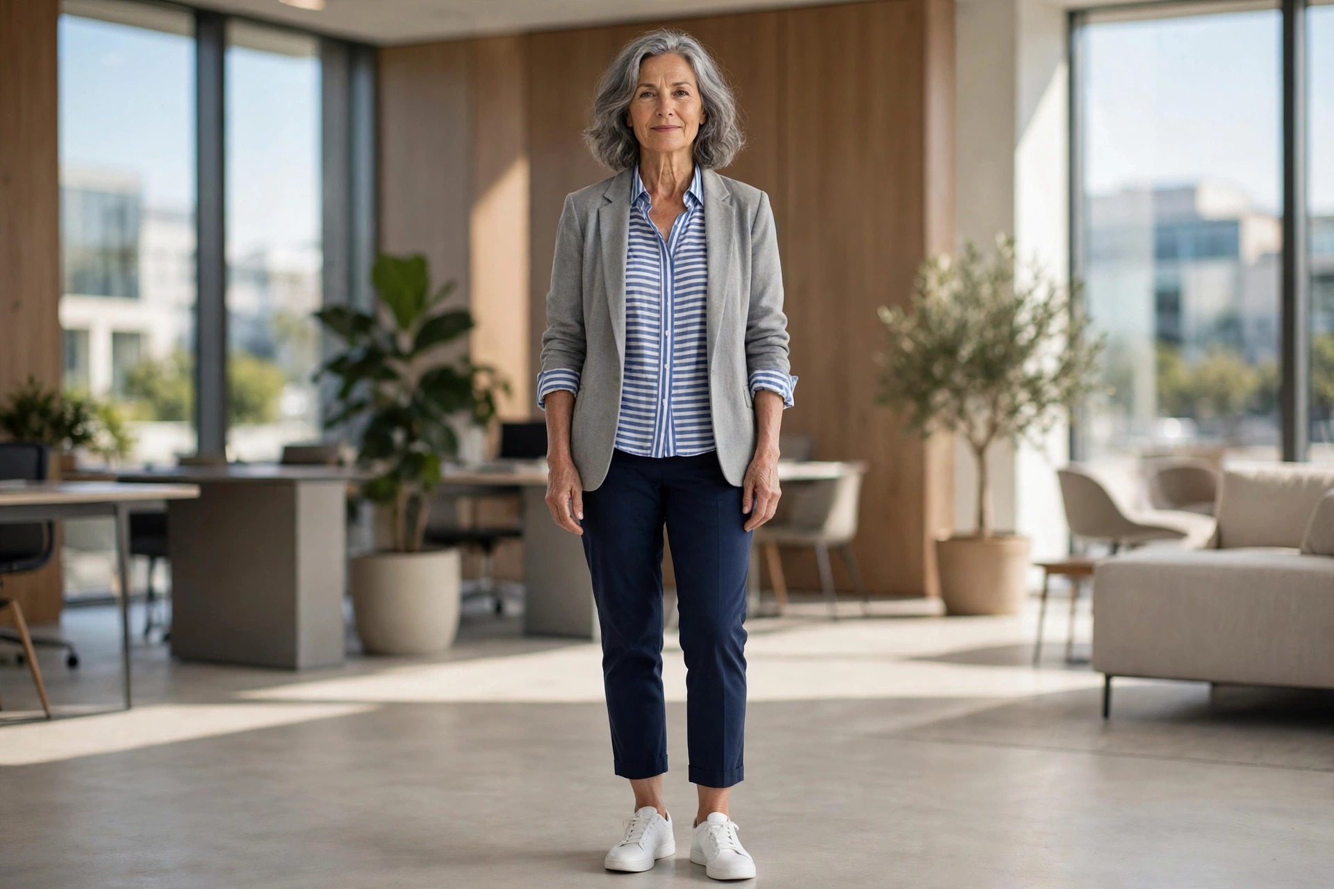 Woman over 50 in navy cropped trousers, a blue striped shirt, a grey blazer and white leather sneakers in an office