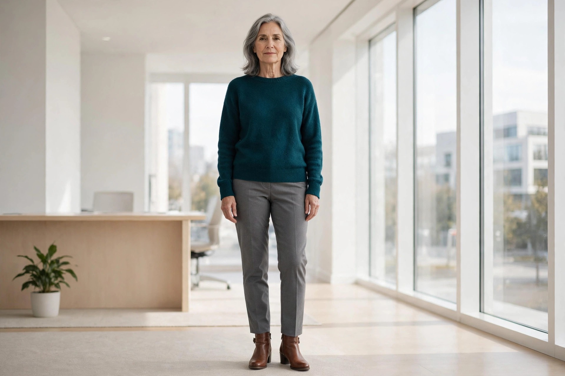 Woman over 50 in grey trousers, a deep teal sweater and brown ankle boots with a low block heel in an office