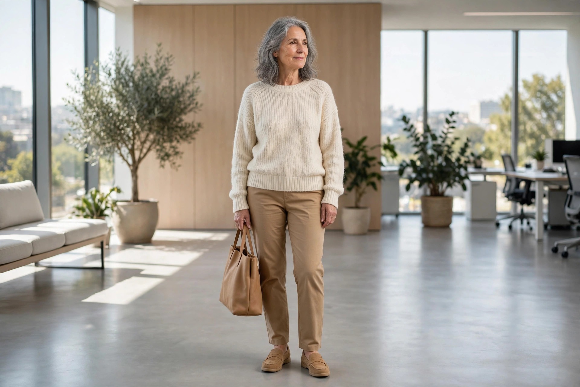 Woman over 50 in camel trousers, a cream sweater and tan loafers carrying a tan tote in an office