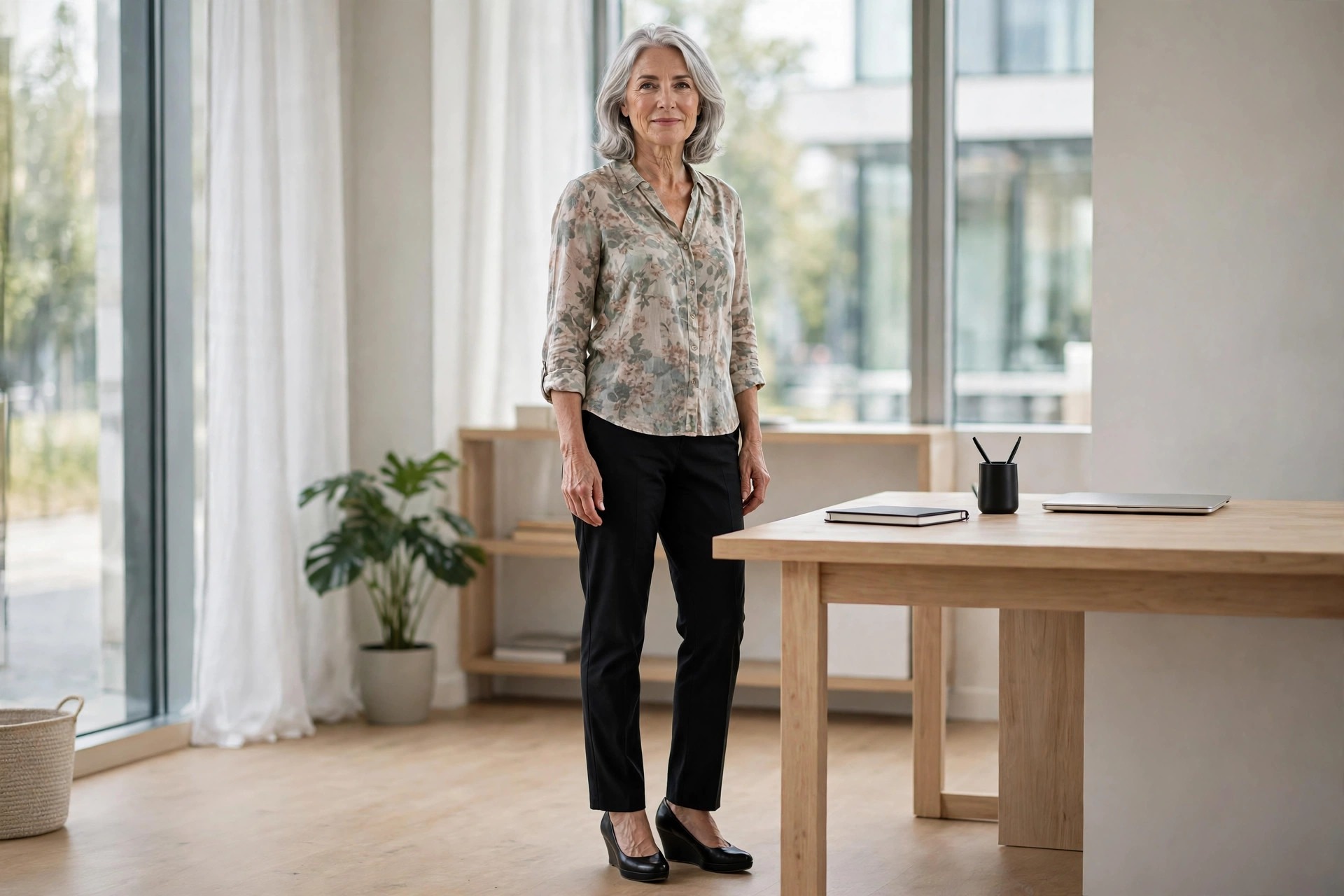 Woman over 50 in black trousers, a muted floral blouse and black wedge pumps standing at an office desk
