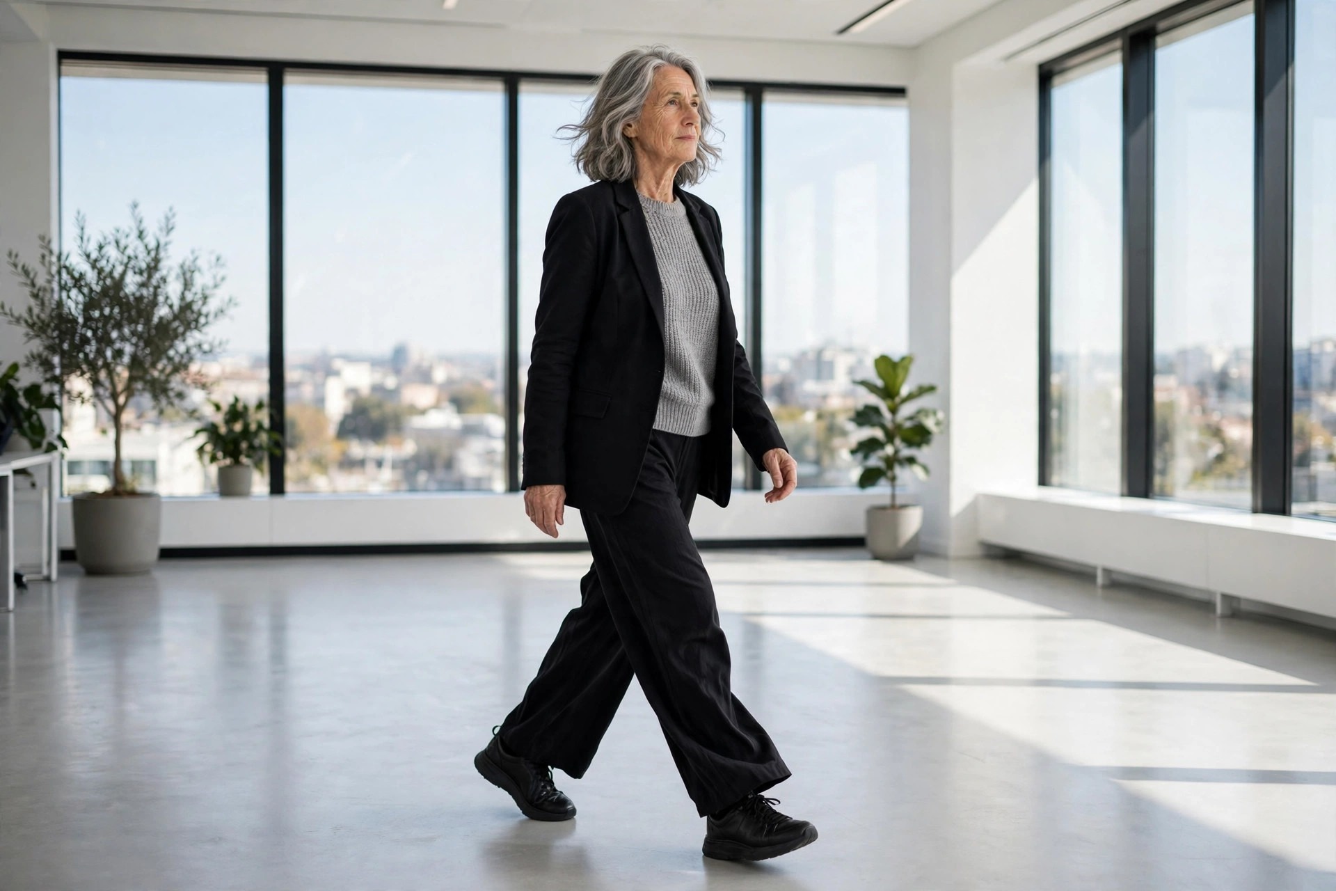 Woman over 50 in black wide-leg trousers, a grey knit top, a black blazer and all-black sneakers walking across an office