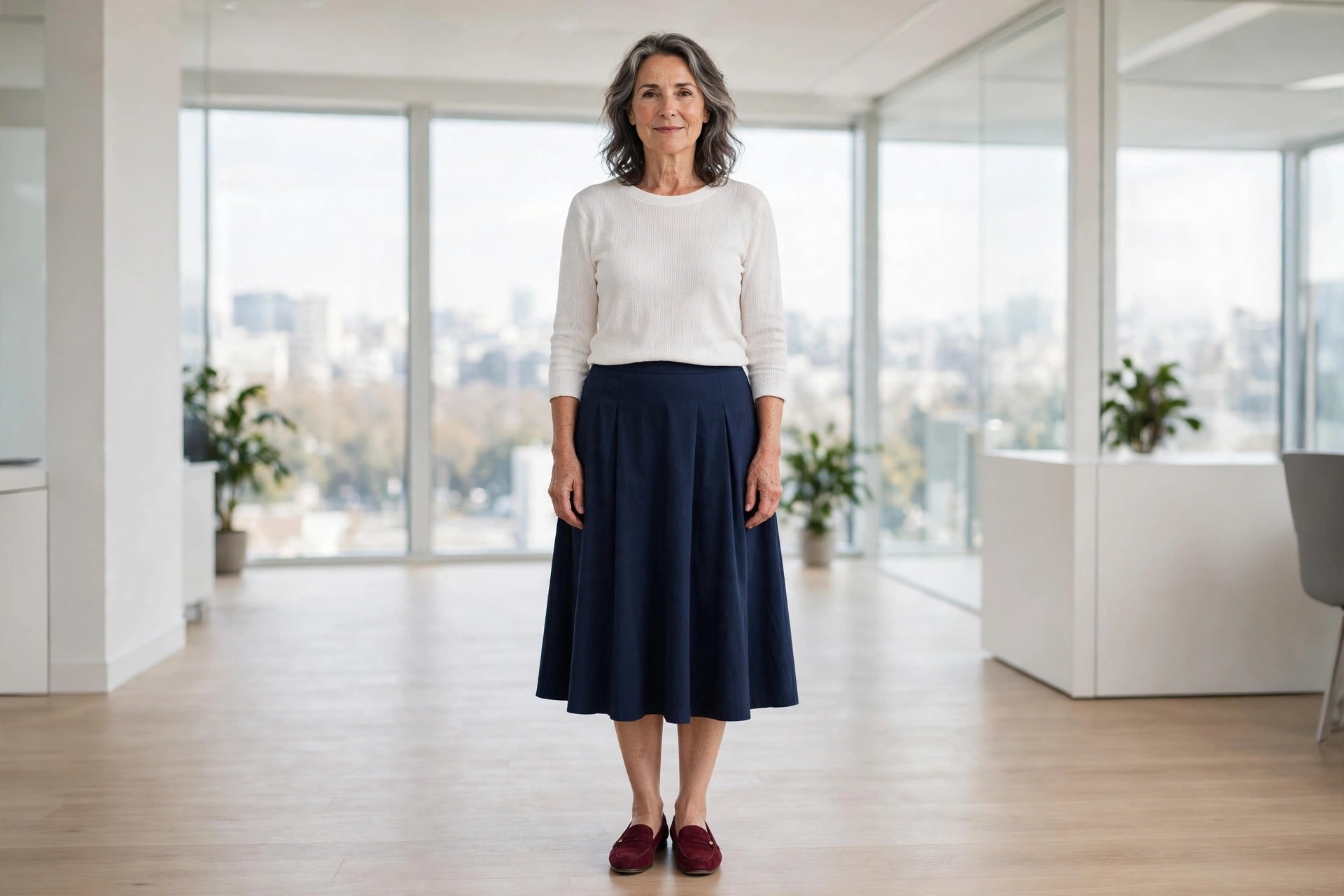 Woman over 50 in a navy midi skirt, a white knit top and burgundy loafers standing in an office