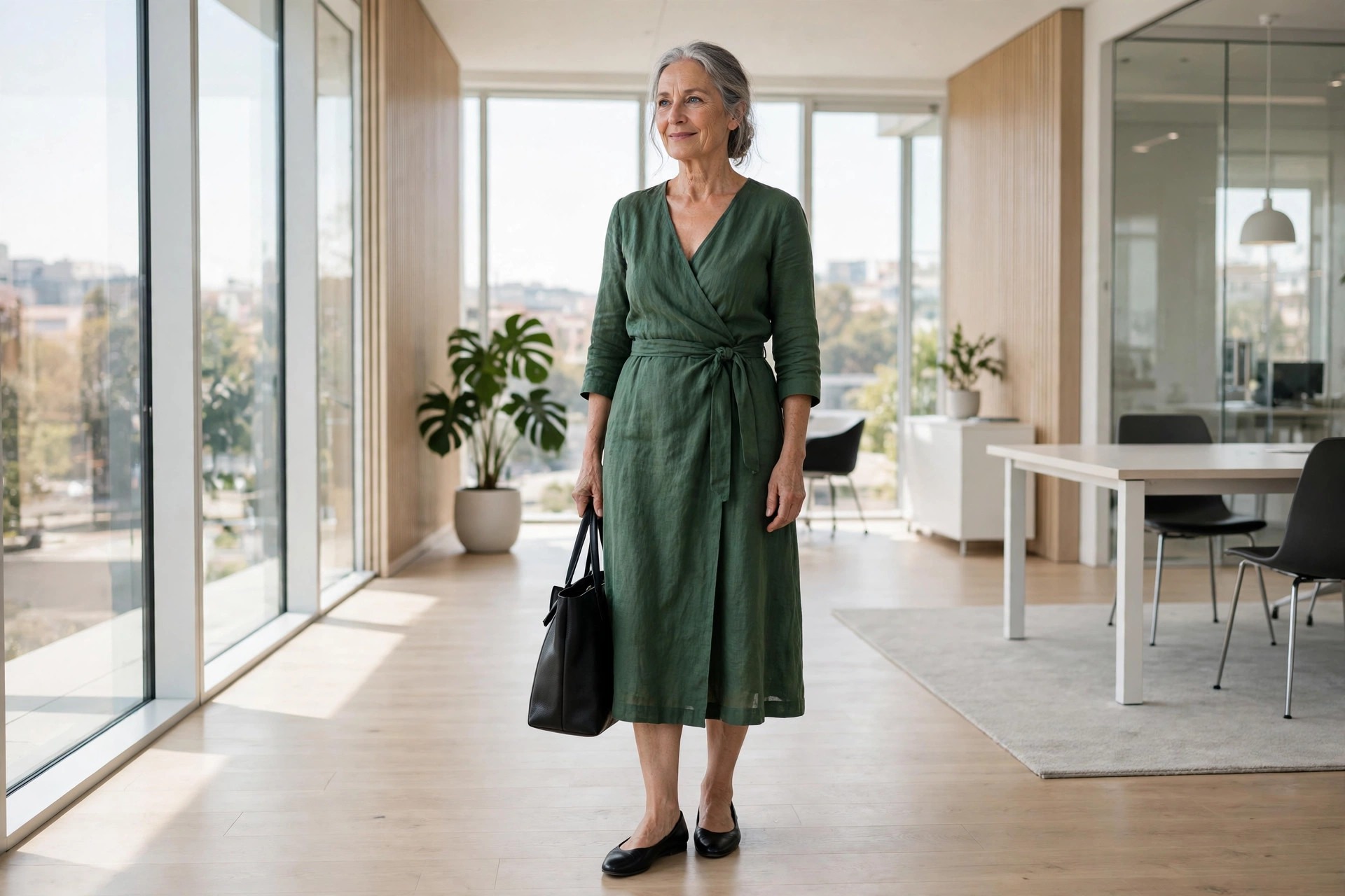 Woman over 50 in a forest green wrap dress and black flats carrying a black tote in an office
