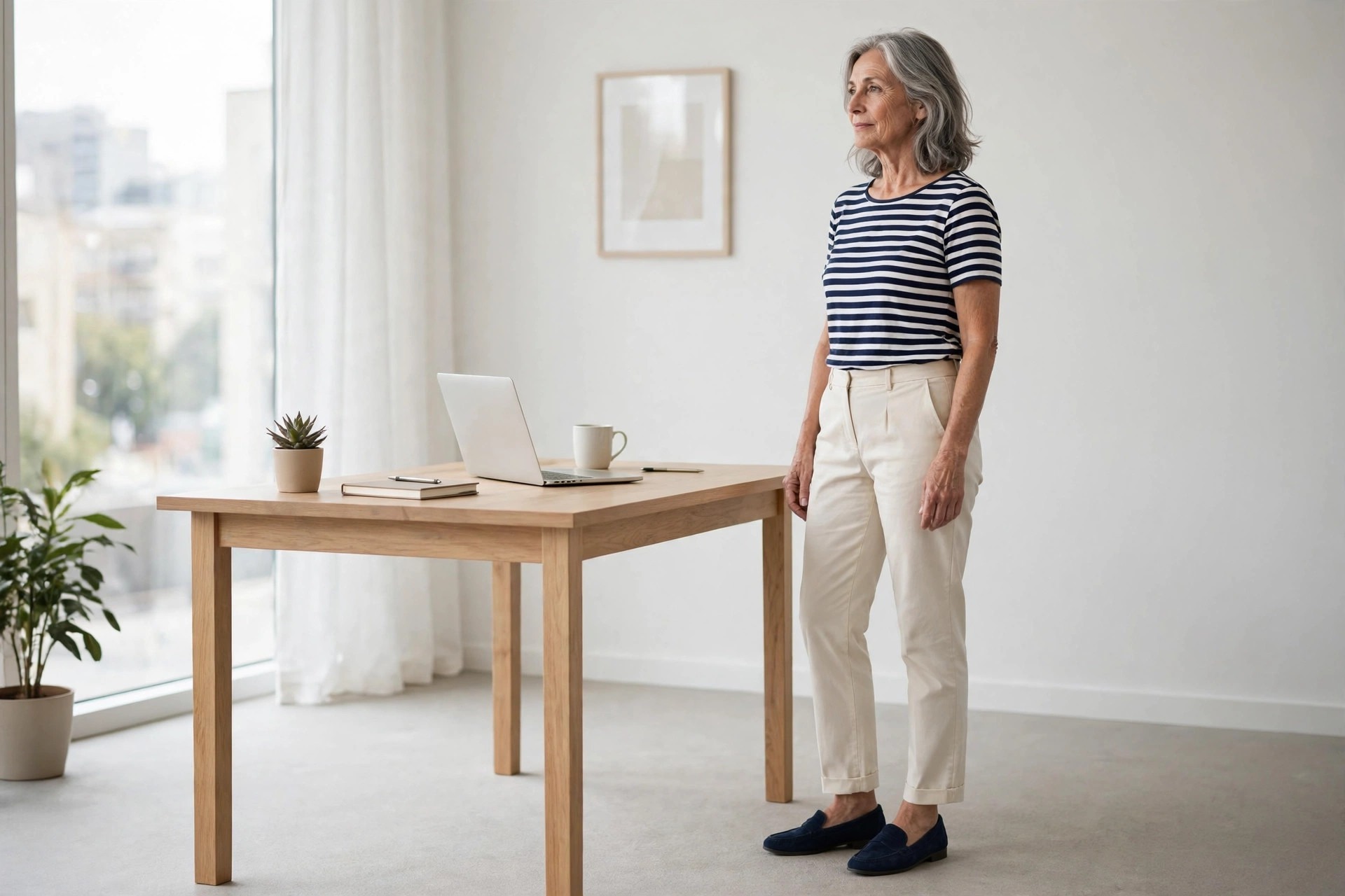 Woman over 50 in cream trousers, a navy and white striped top and navy loafers standing by an office desk