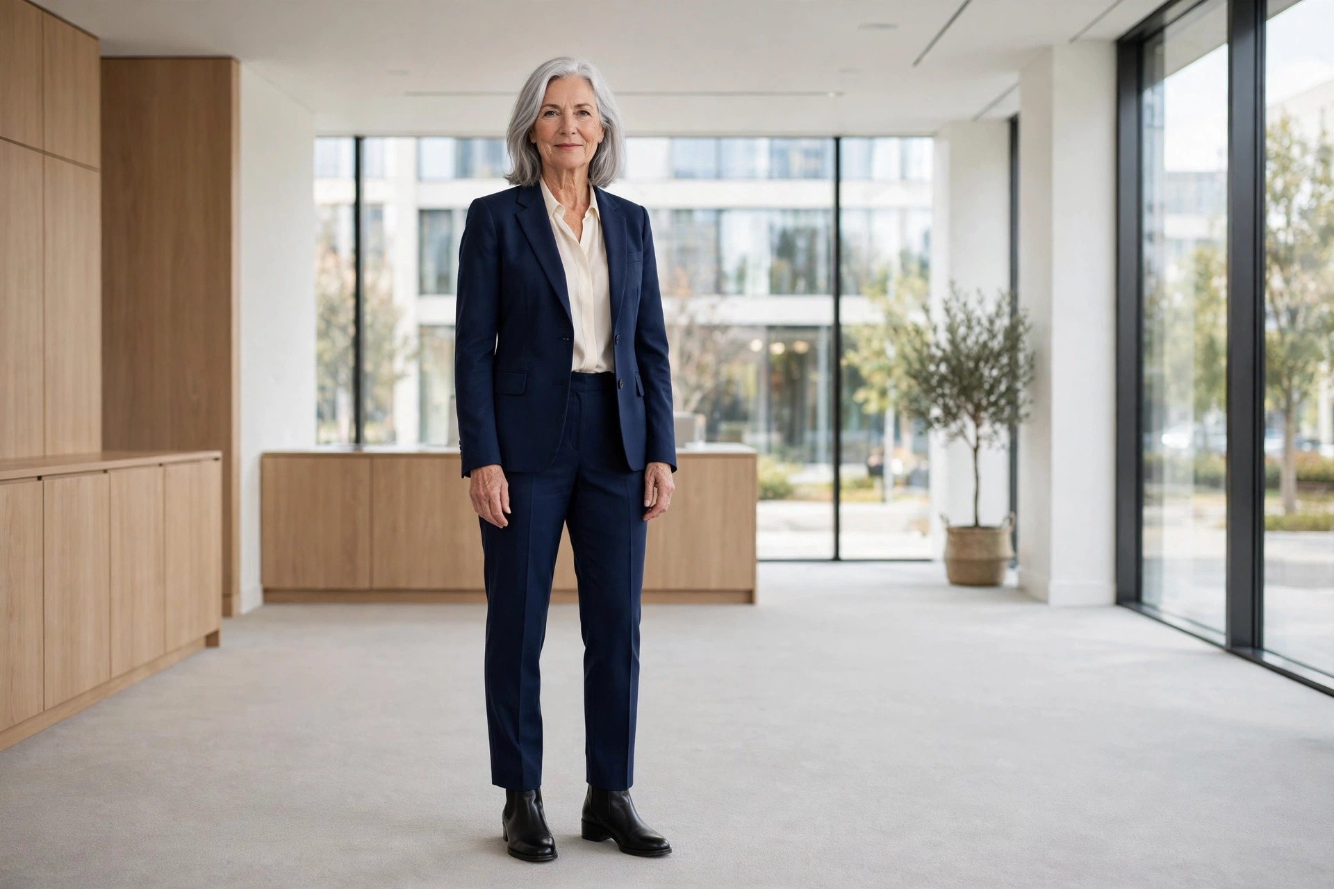 Woman over 50 in a navy trouser suit, a cream blouse and black Chelsea boots standing in a formal office