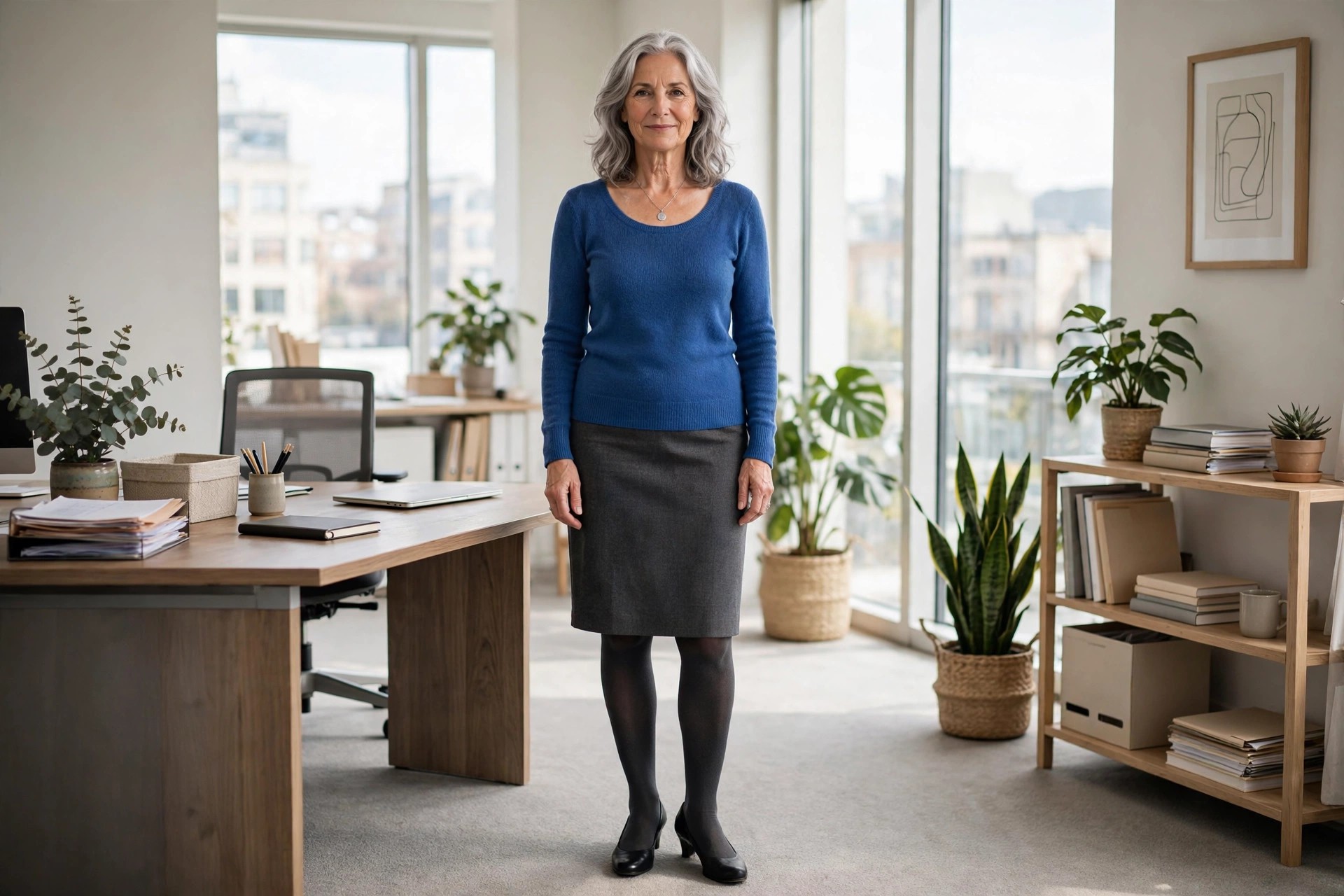 Woman over 50 with silver hair in a cobalt blue knit top, charcoal pencil skirt, tights and black heels