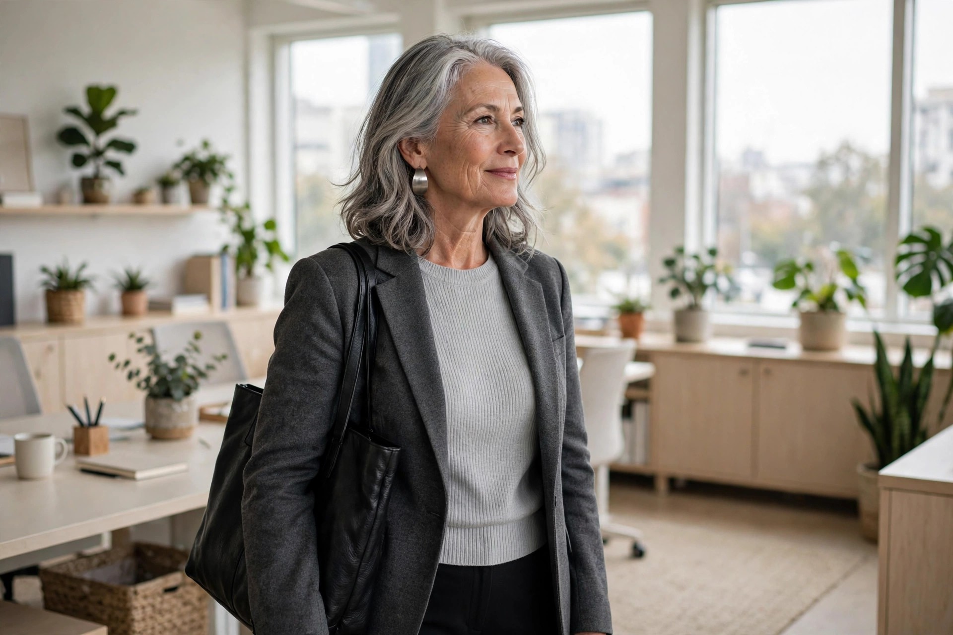 Woman over 50 with silver hair wearing a charcoal blazer over a pale grey knit with a black tote bag