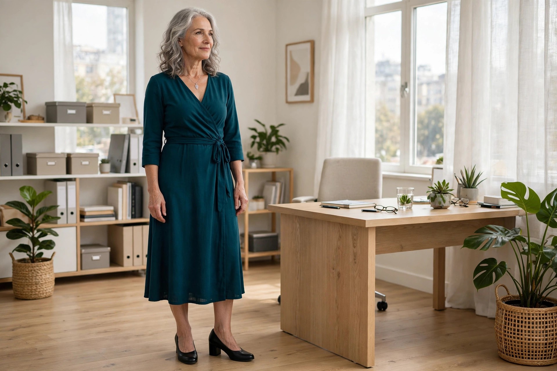 Woman over 50 with silver hair in a deep teal wrap midi dress and black block heels in an office
