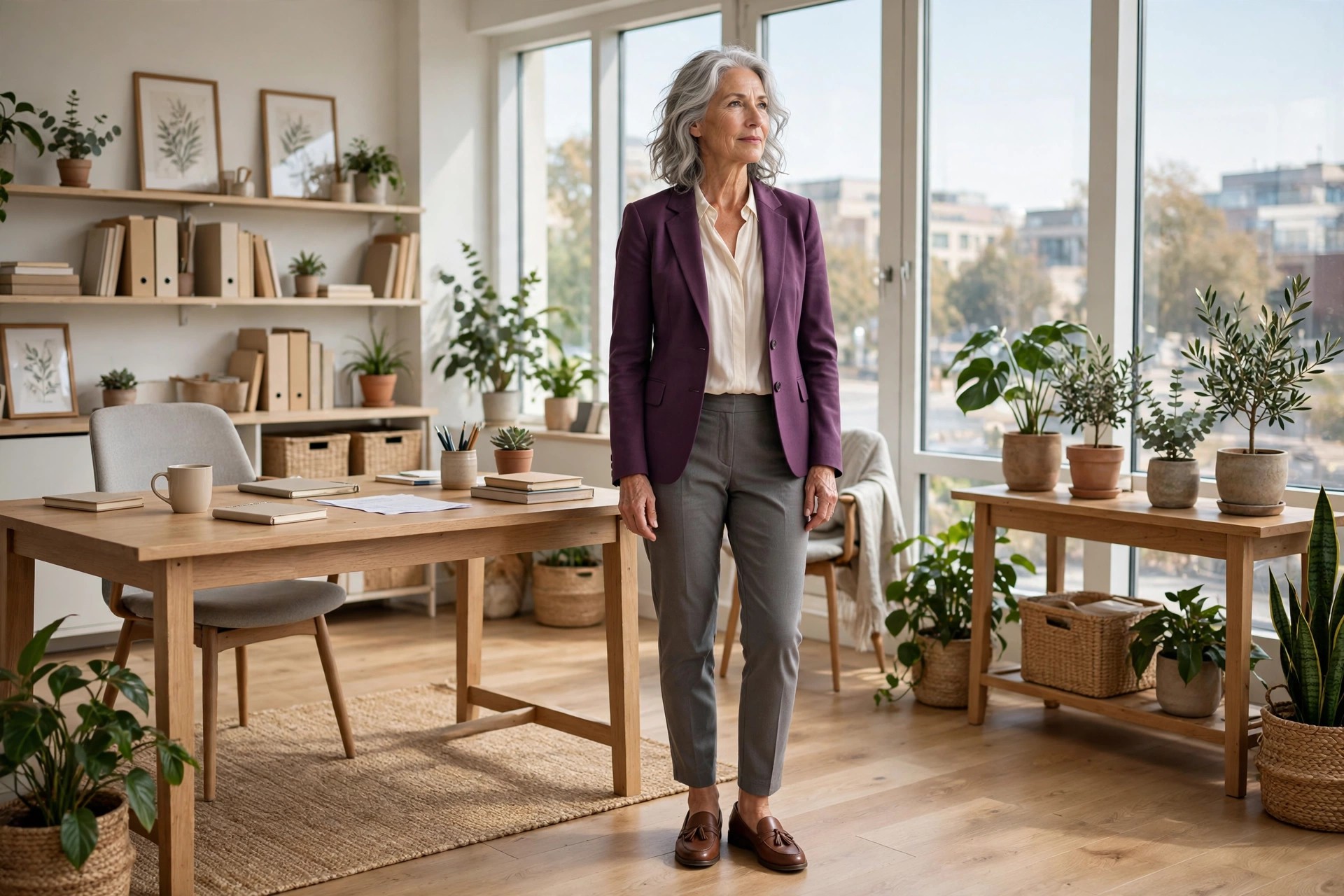 Woman over 50 with silver hair wearing a plum blazer, cream blouse, grey trousers and brown loafers
