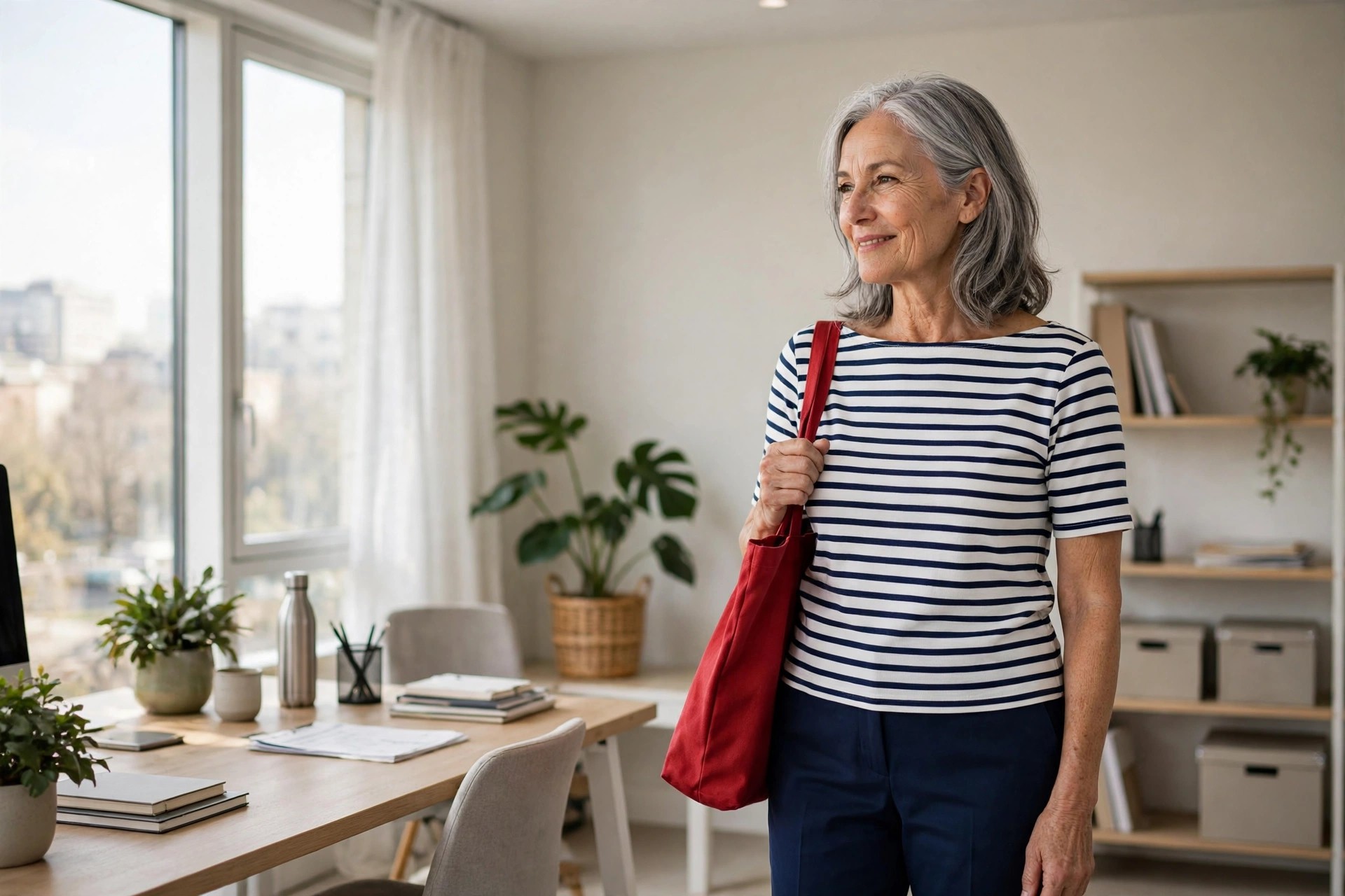Woman over 50 with silver hair wearing a navy and white stripe top, navy trousers and a red tote bag